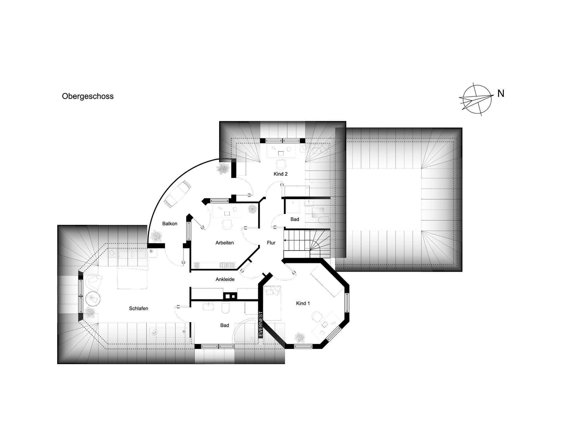 Grundriss des Obergeschosses mit Schlafzimmer, zwei Kinderzimmern, Arbeitsbereich und Bädern.