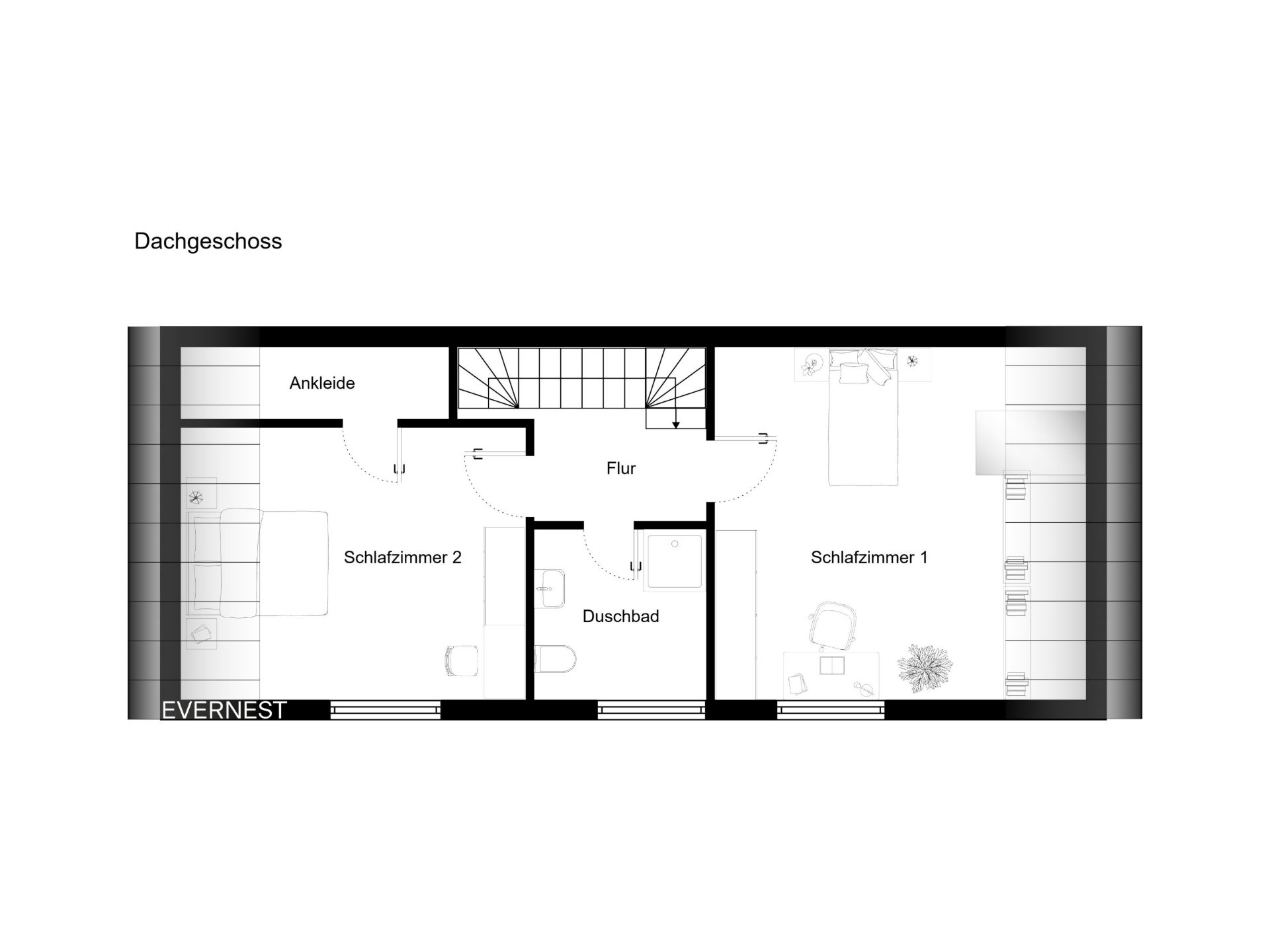 Grundriss eines Dachgeschosses mit zwei Schlafzimmern, Ankleide und Duschbad.