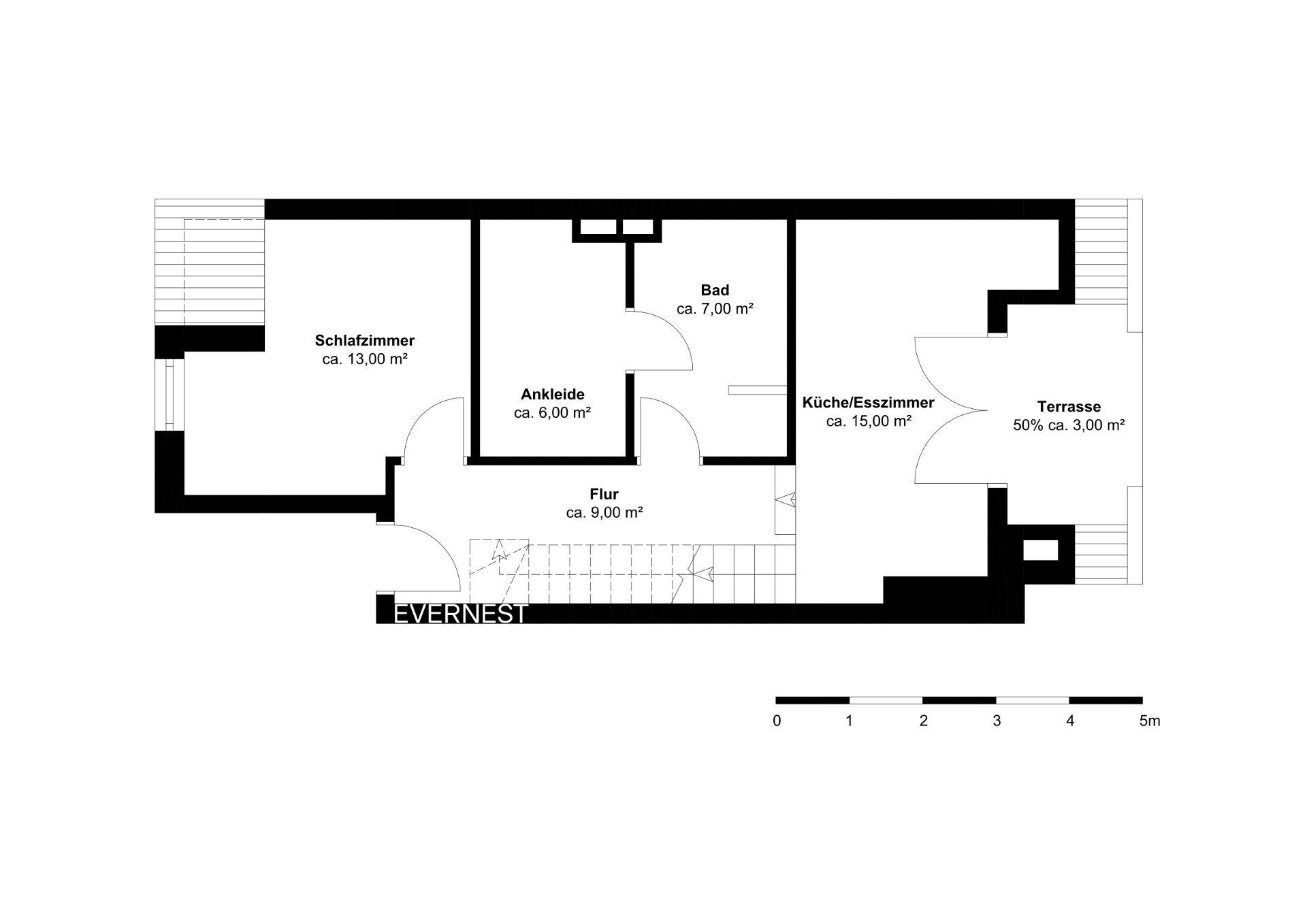 Grundriss mit Schlafzimmer, Ankleide, Bad, Flur, Küche/Esszimmer und Terrasse.