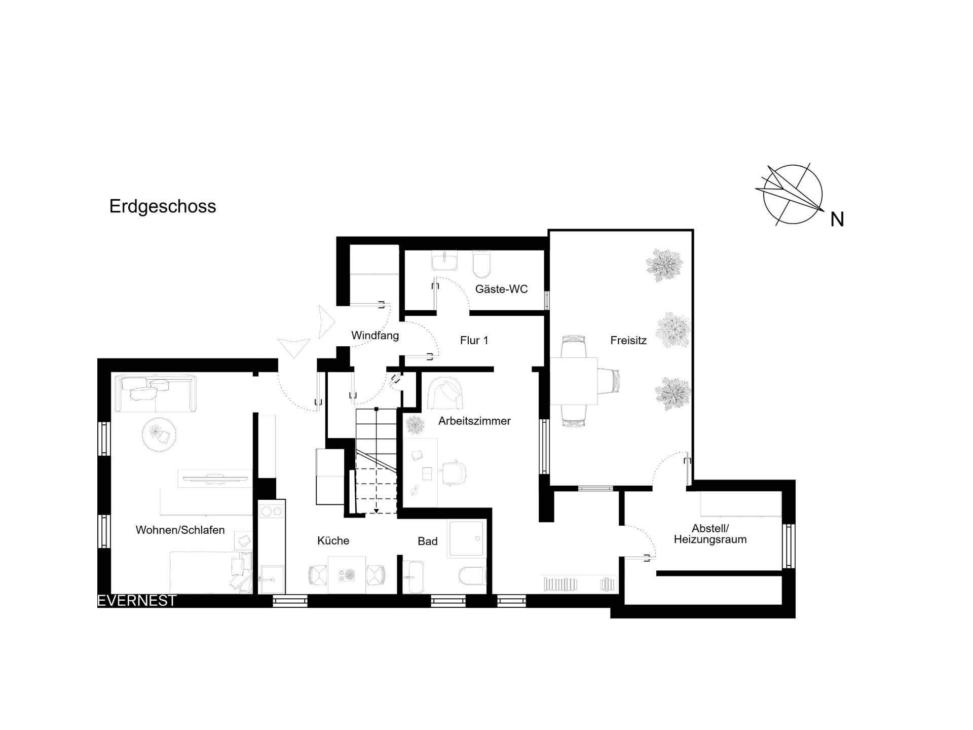 Grundriss des Erdgeschosses mit Wohn-/Schlafzimmer, Küche, Bad, Arbeitszimmer und Freisitz.