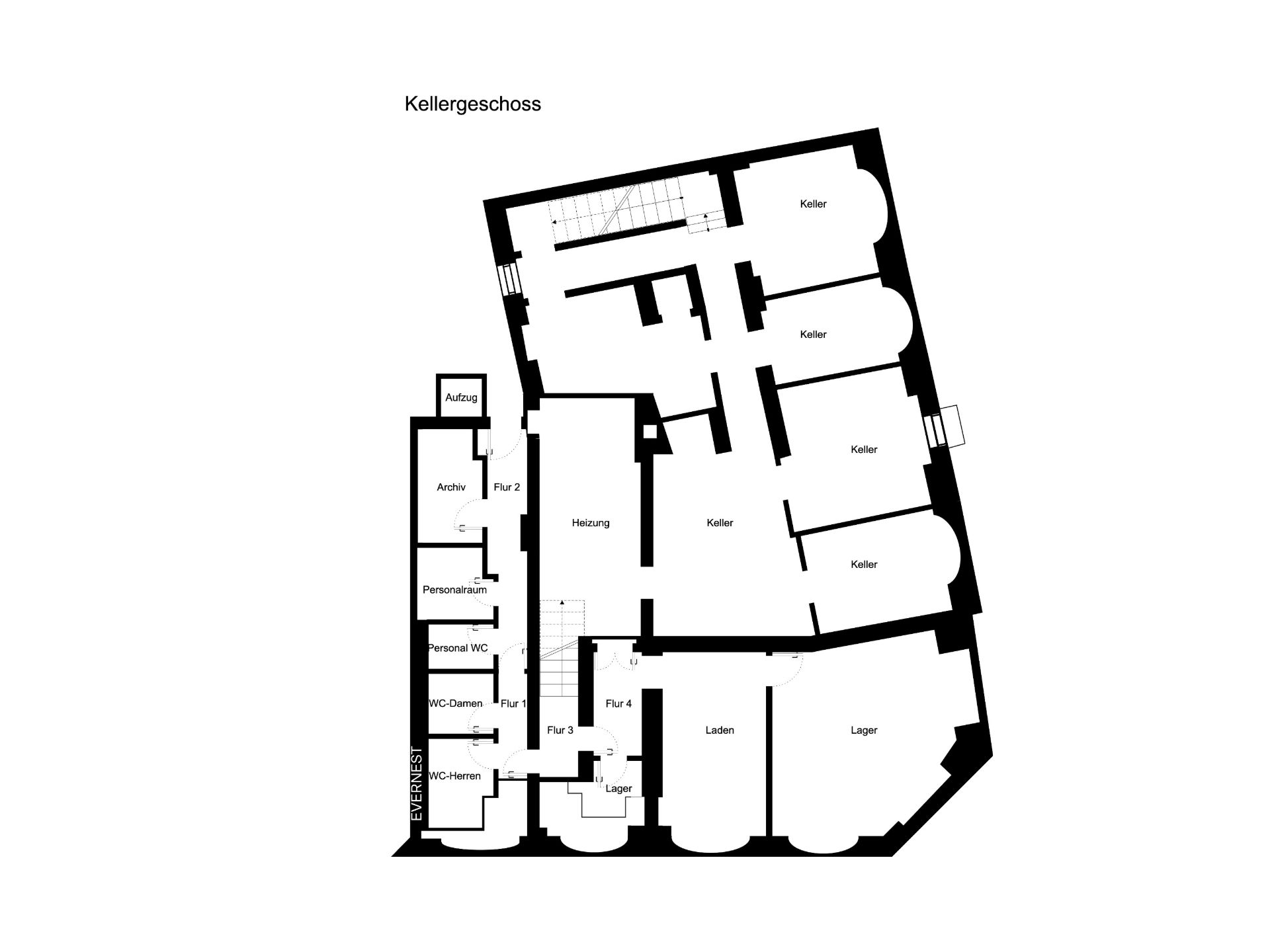 Grundriss des Kellergeschosses mit mehreren Kellerräumen, Lagern und Fluren.