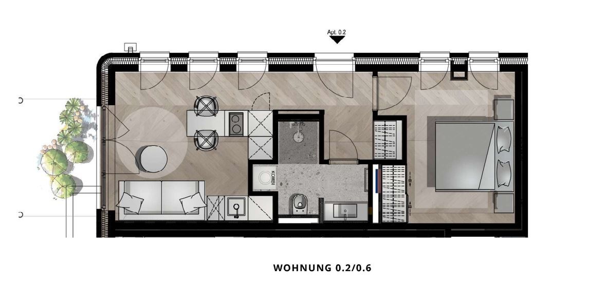 Grundriss einer Wohnung mit Wohnzimmer, Schlafzimmer, Küche, Bad und Balkon.