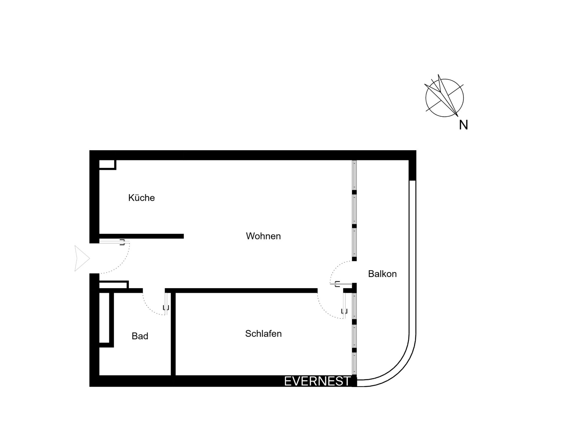 Grundriss einer Wohnung mit Küche, Bad, Schlafen, Wohnen und Balkon.