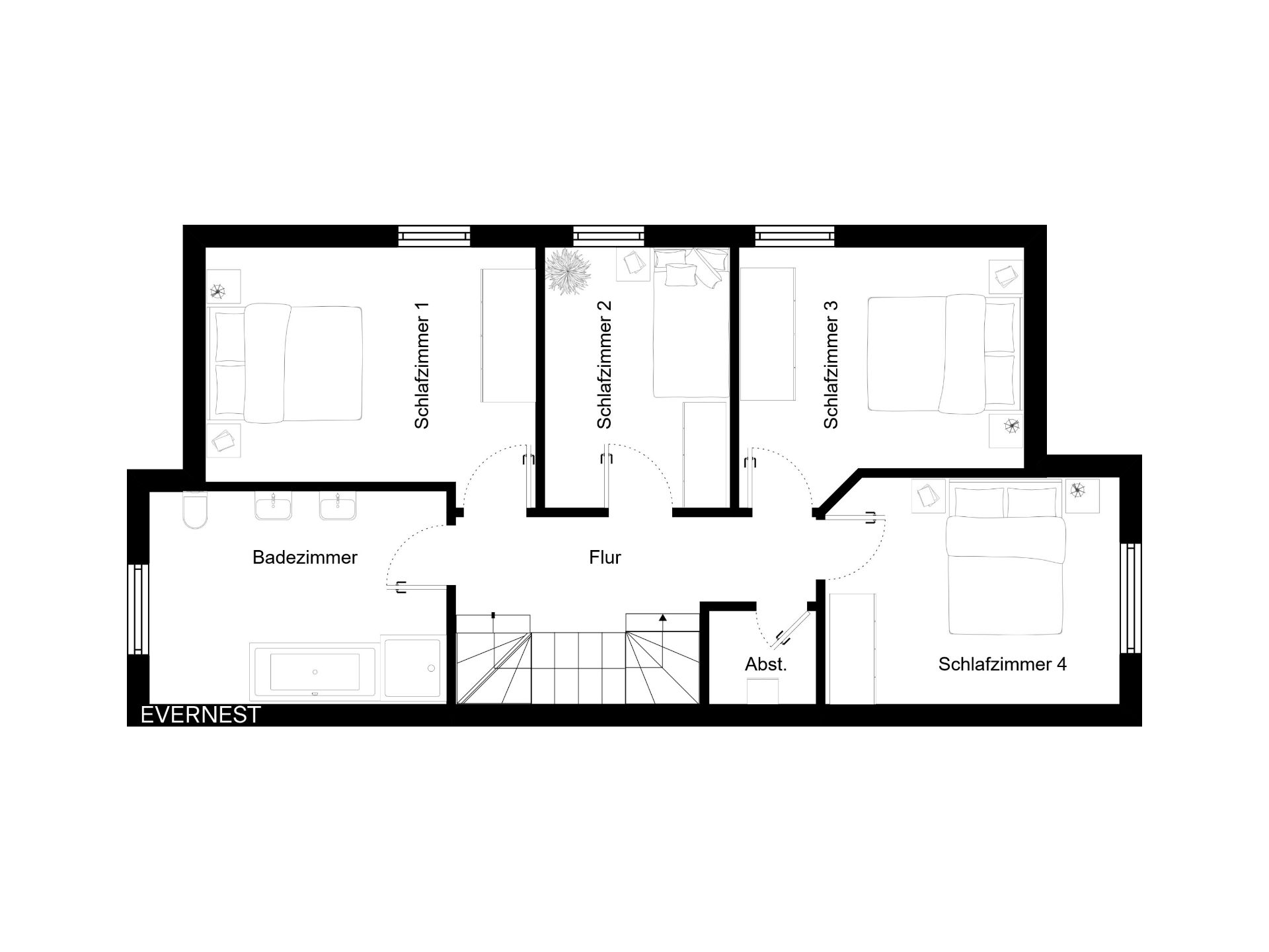 Grundriss mit vier Schlafzimmern, Badezimmer, Flur und Abstellraum.
