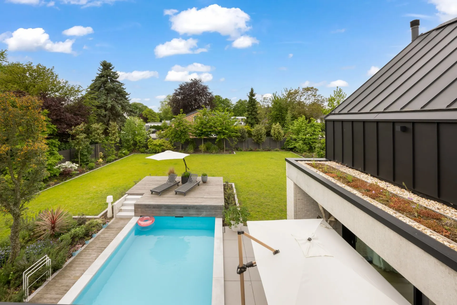 Moderner Garten mit Swimmingpool, Holzterrasse, Liegen und viel Rasen, umgeben von Bäumen.