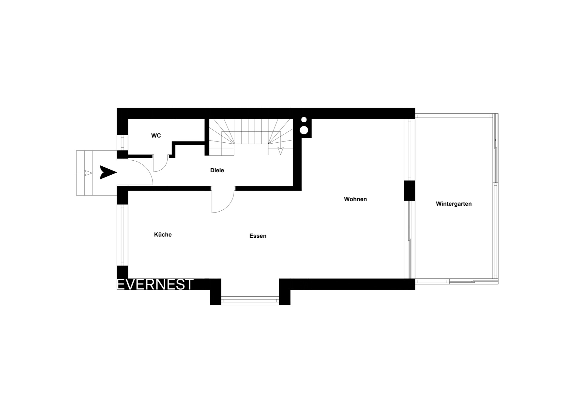 Grundriss mit Küche, Essbereich, Wohnzimmer, Wintergarten, Diele und WC.