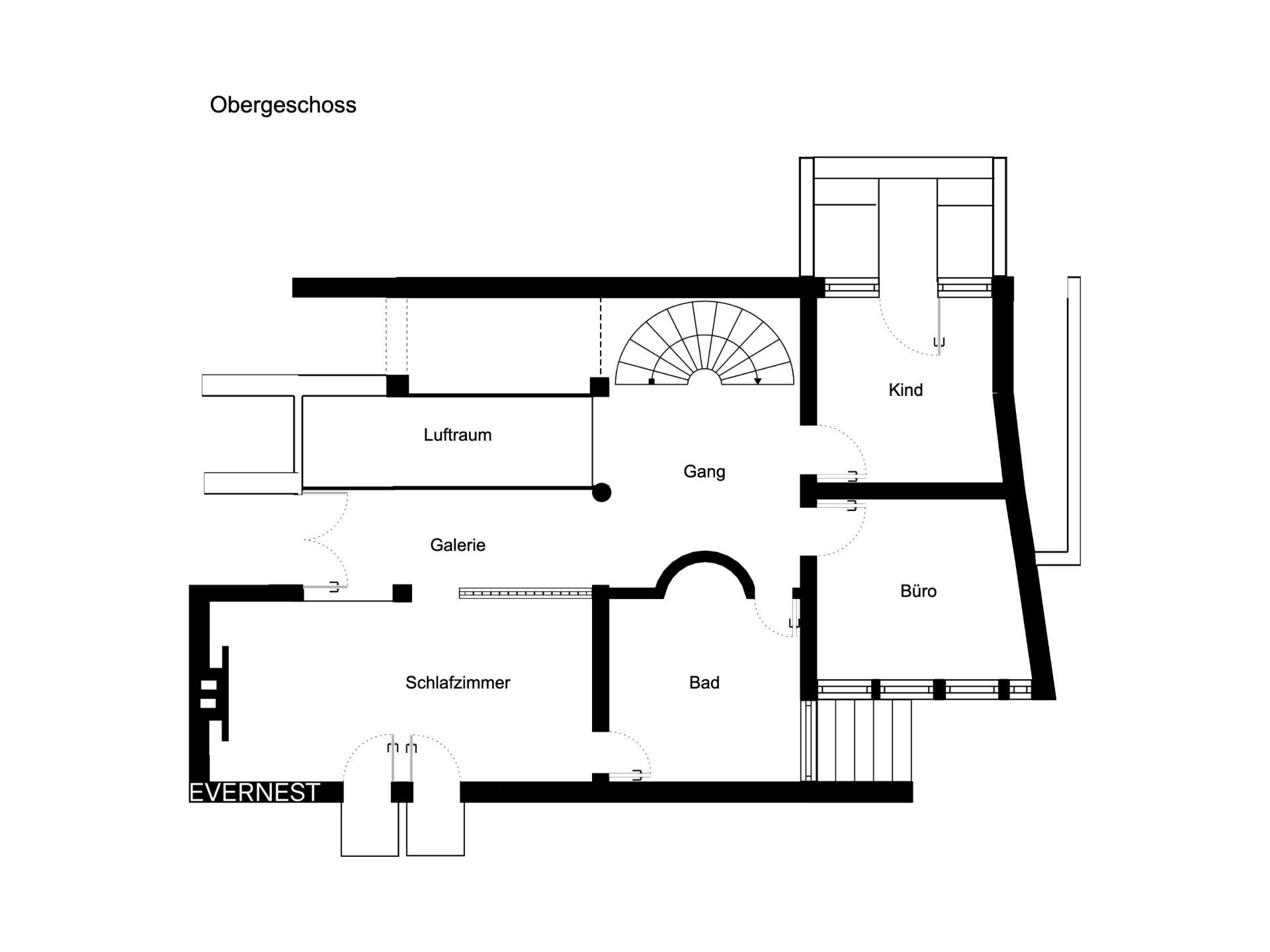 Grundriss des Obergeschosses mit Schlafzimmer, Bad, Kind, Büro, Galerie und Gang.