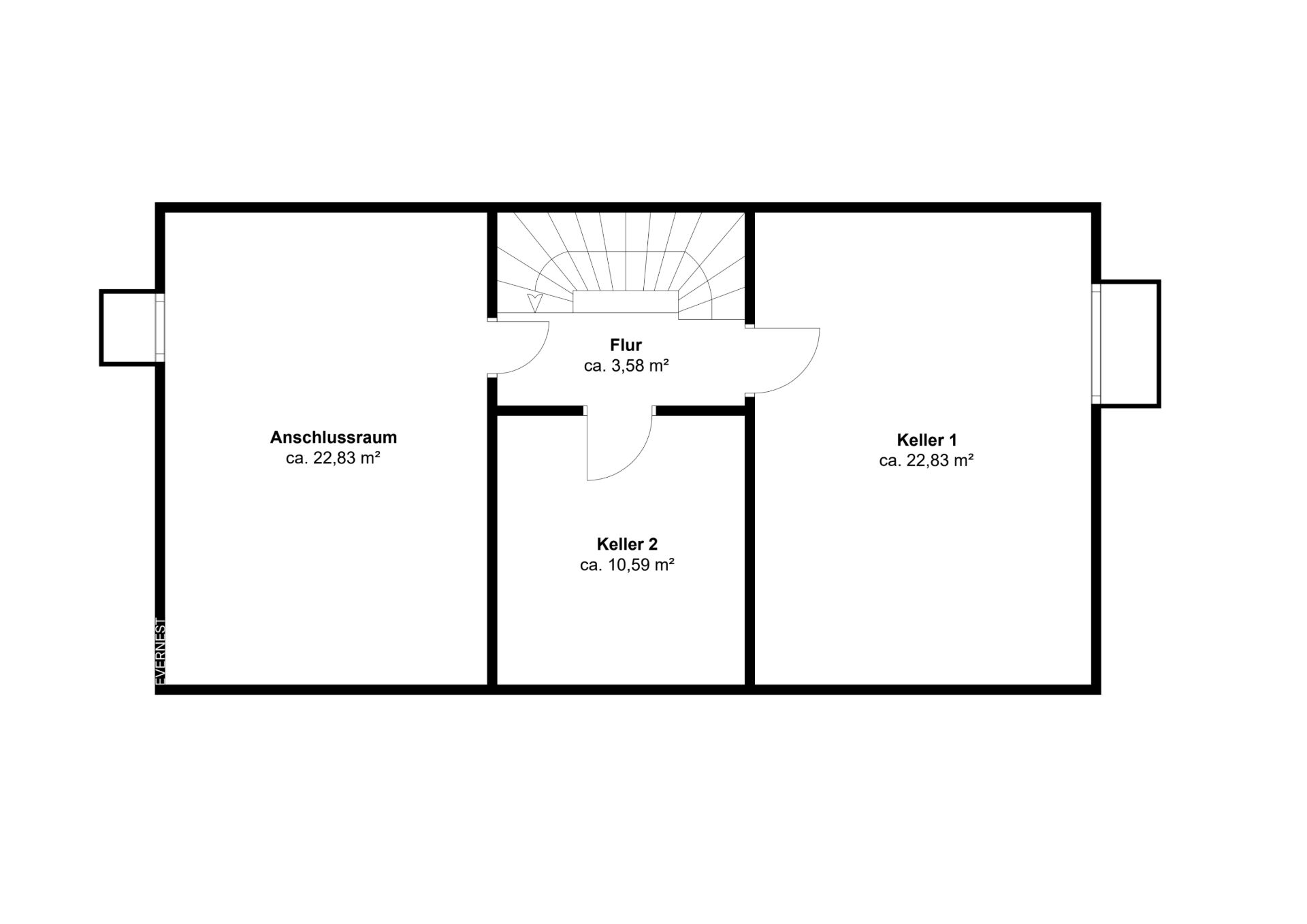 Grundriss mit Flur, Anschlussraum, Keller 1 und Keller 2, alle mit Quadratmeterangaben.