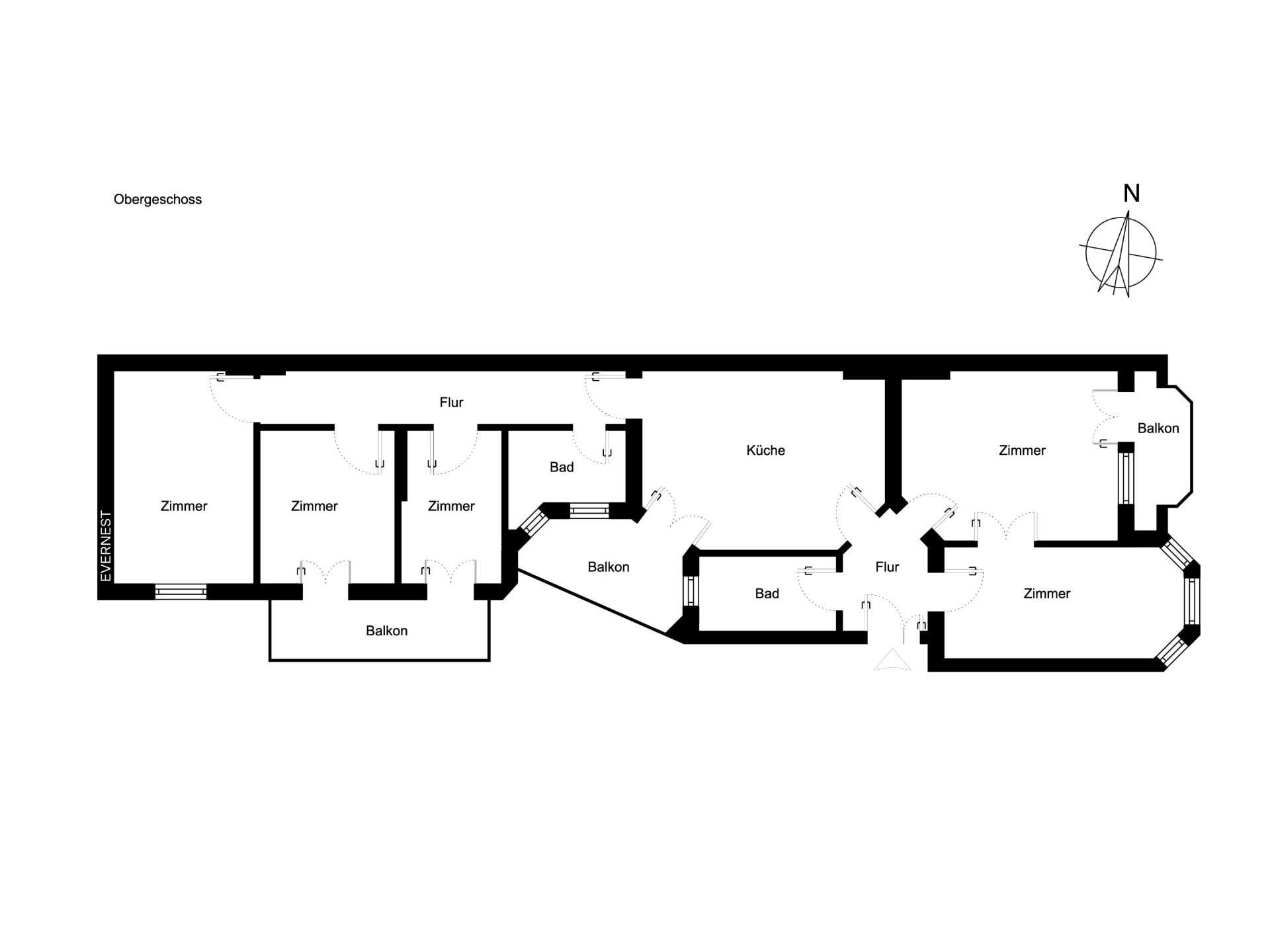 Grundriss einer Wohnung mit mehreren Zimmern, Bädern, Balkonen und einer Küche.