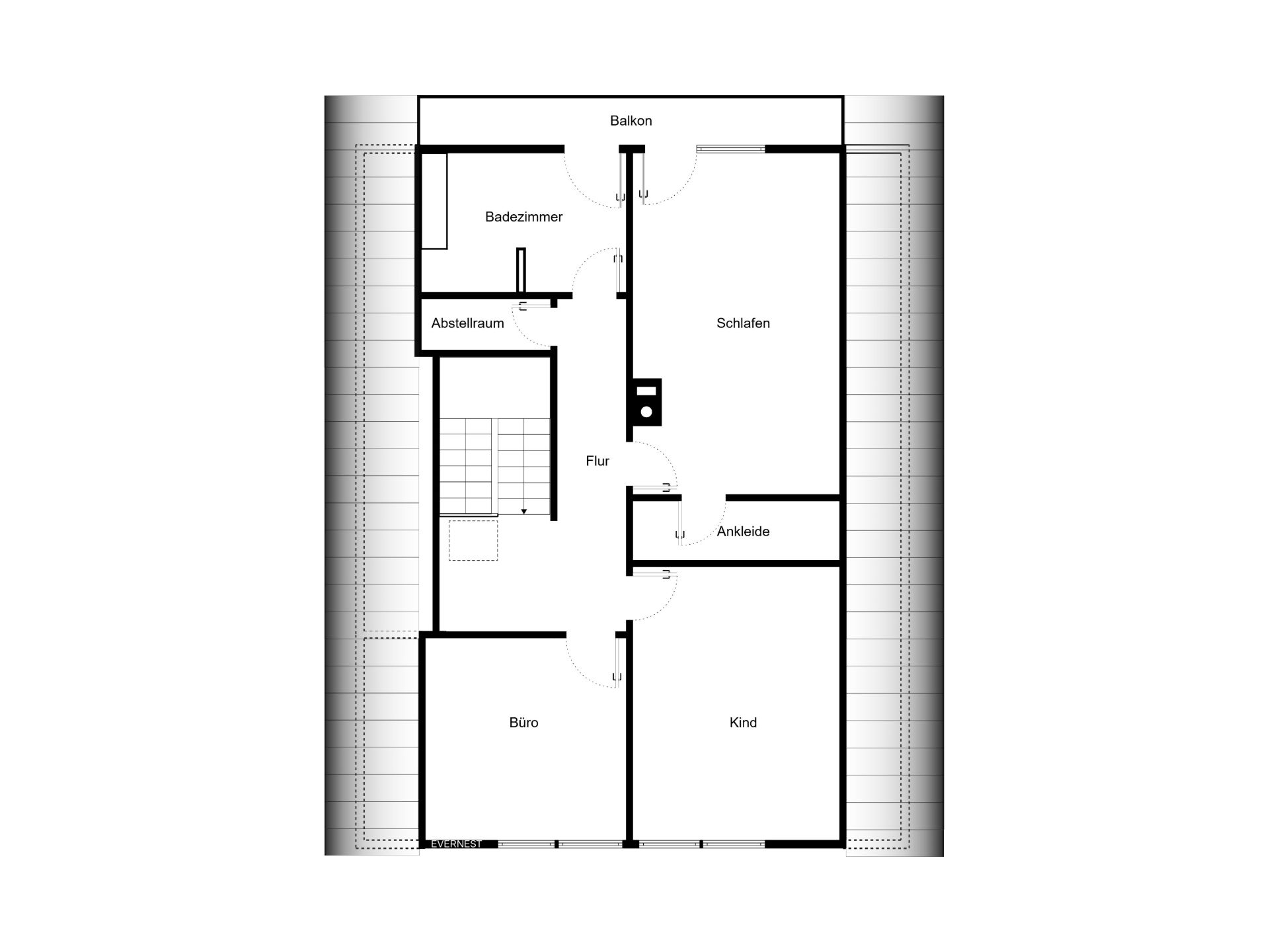 Grundriss mit Schlafzimmer, Kinderzimmer, Büro, Bad, Ankleide, Abstellraum, Flur und Balkon.