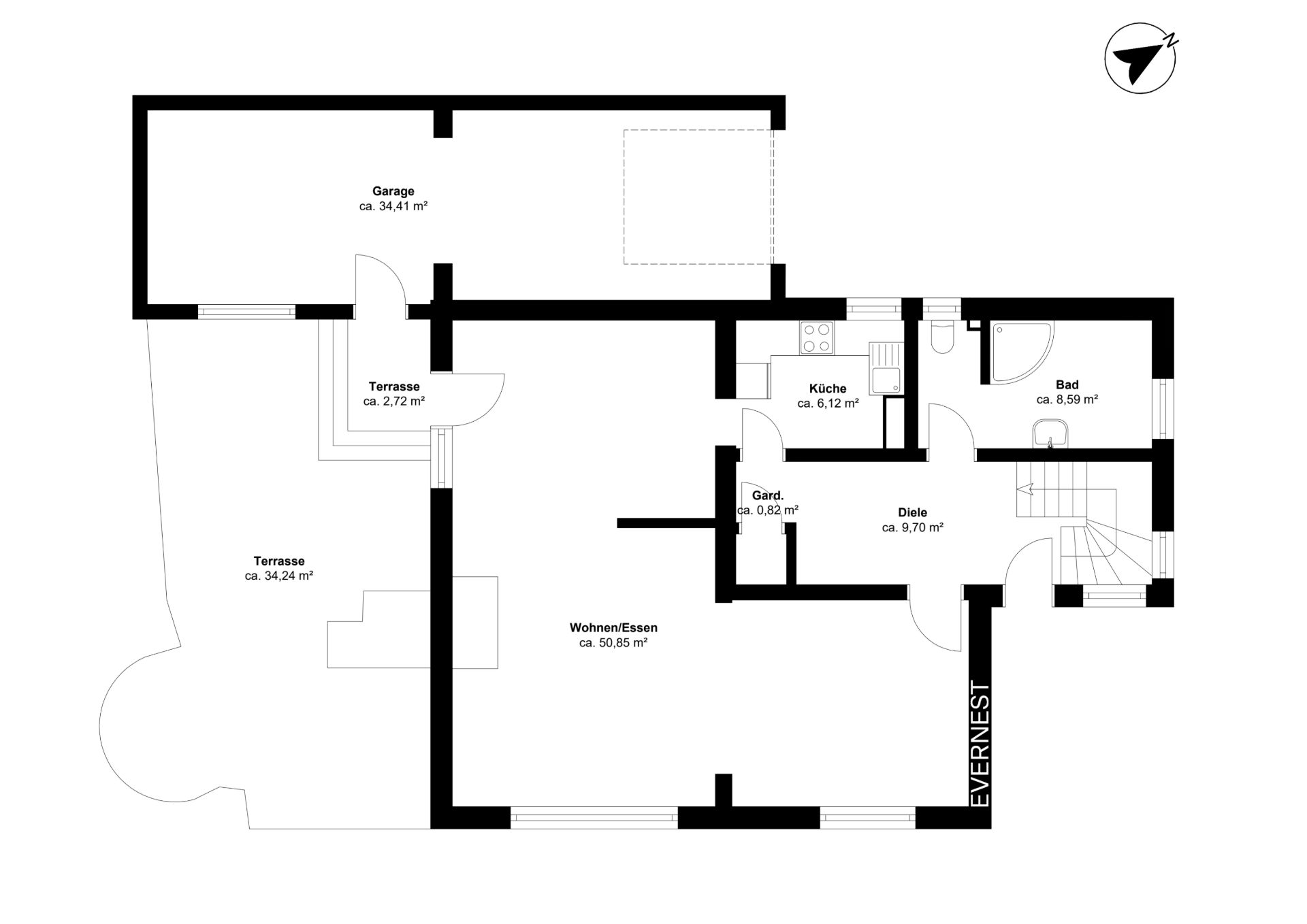 Grundriss eines Hauses mit Garage, Terrasse, Küche, Bad, Diele und Wohn-/Essbereich.