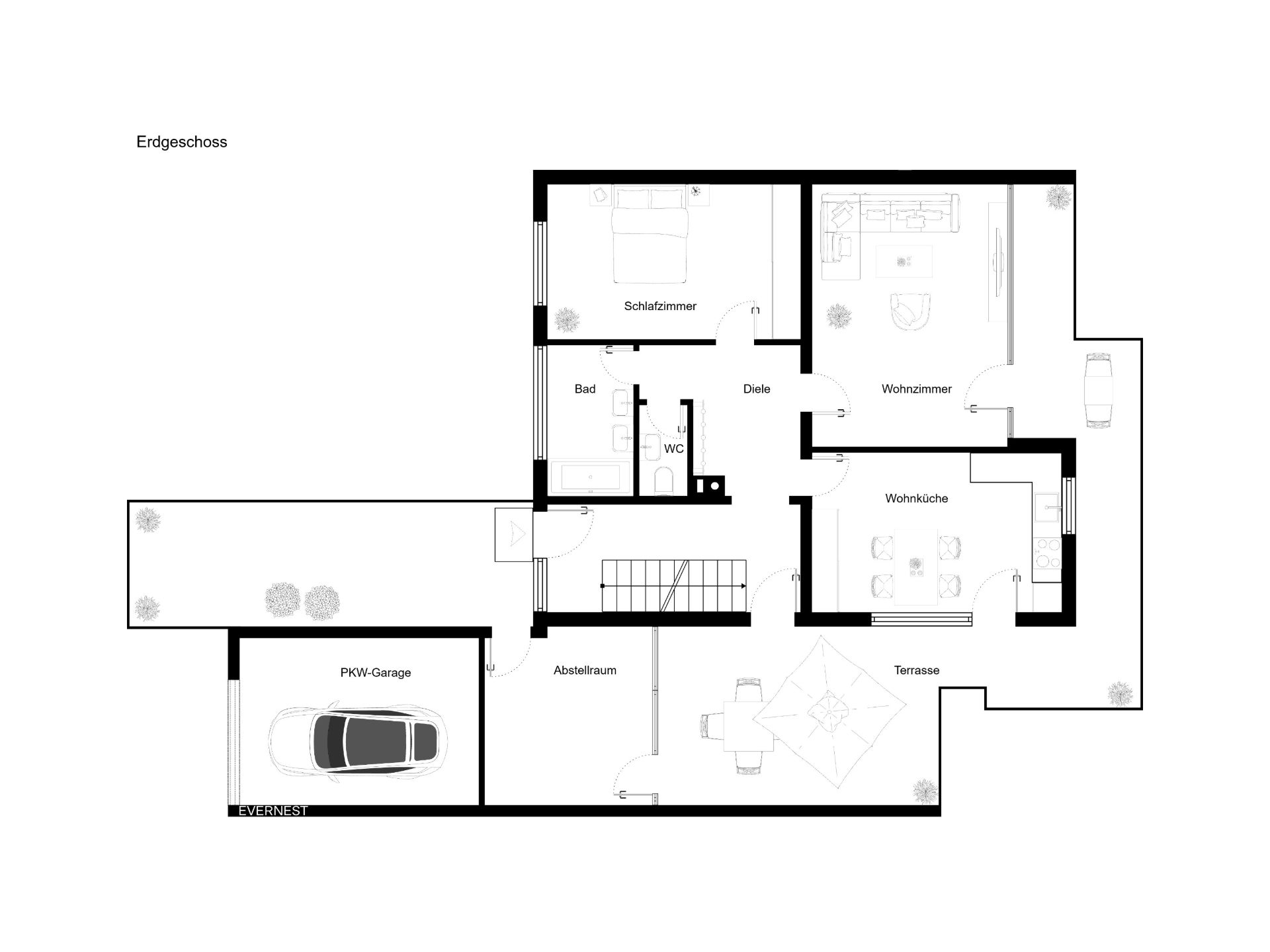 Grundriss des Erdgeschosses mit Garage, Schlafzimmer, Wohnküche, Wohnzimmer, Bad und Terrasse.