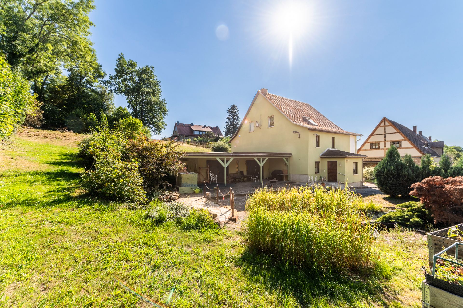 Haus mit Satteldach, überdachter Terrasse und großem Garten bei sonnigem Wetter.