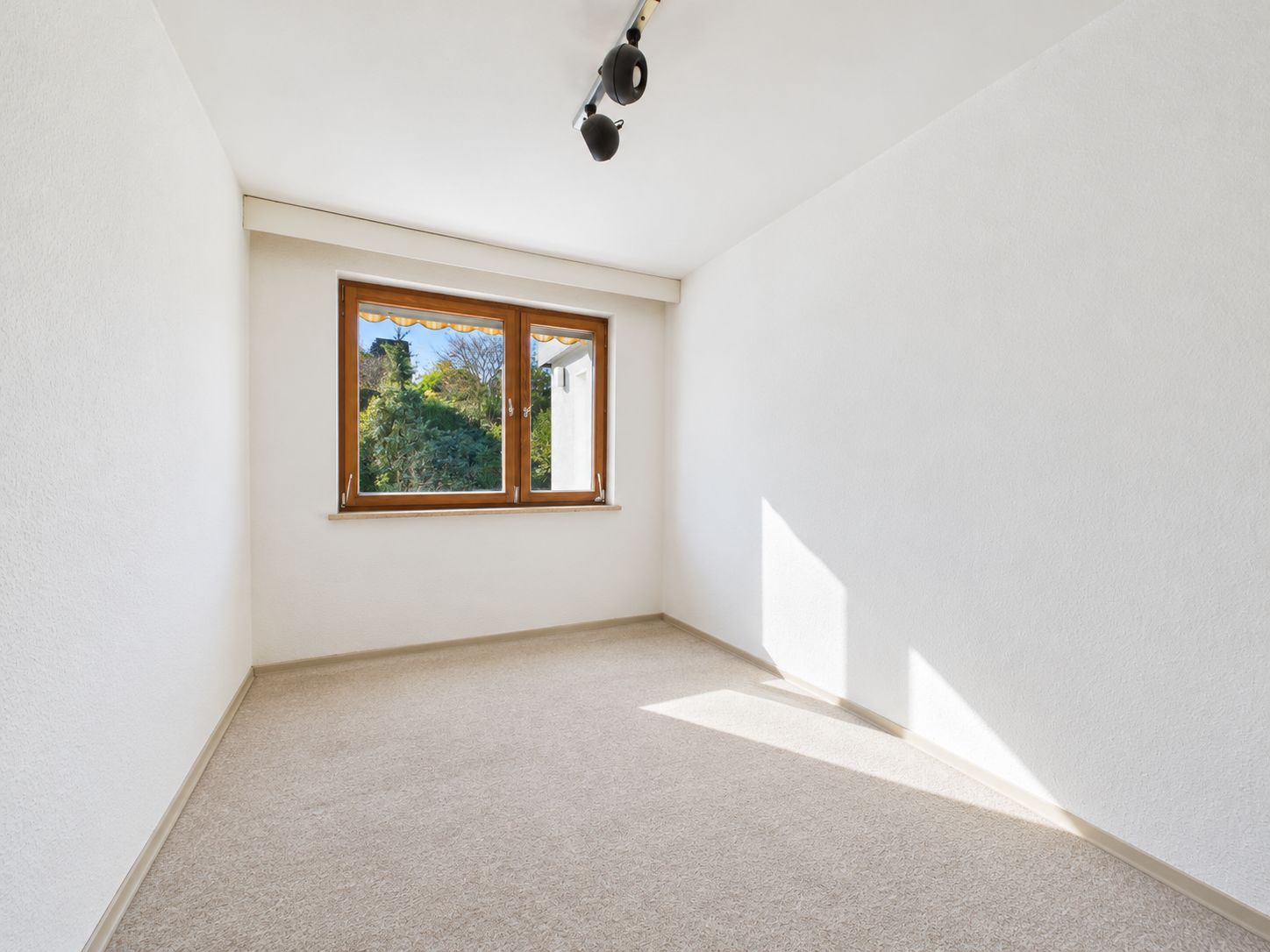 Helles, leeres Zimmer mit Teppichboden und großem Fenster mit Blick ins Grüne.