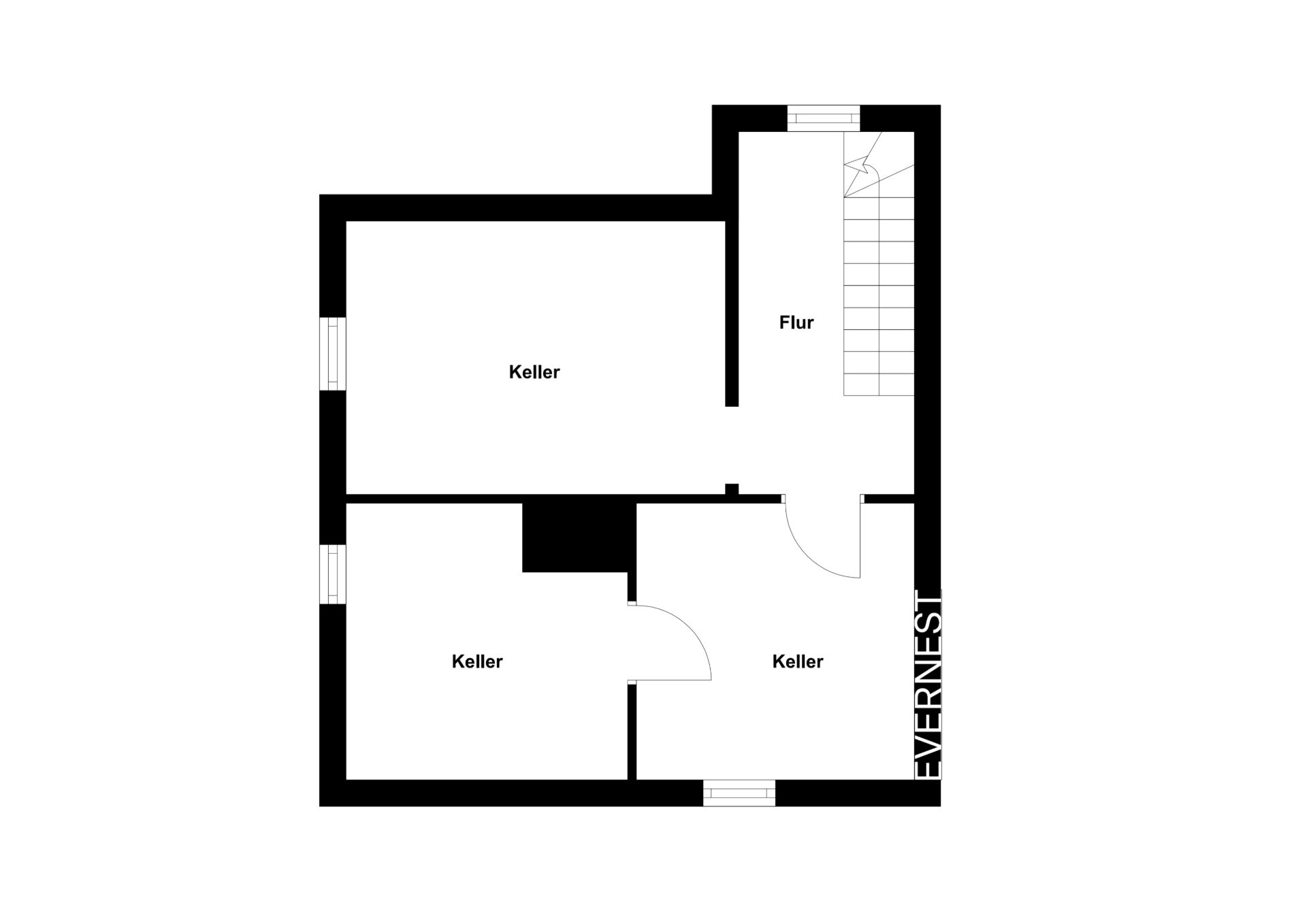 Grundriss mit drei Kellerräumen und einem Flur, Treppe rechts oben.