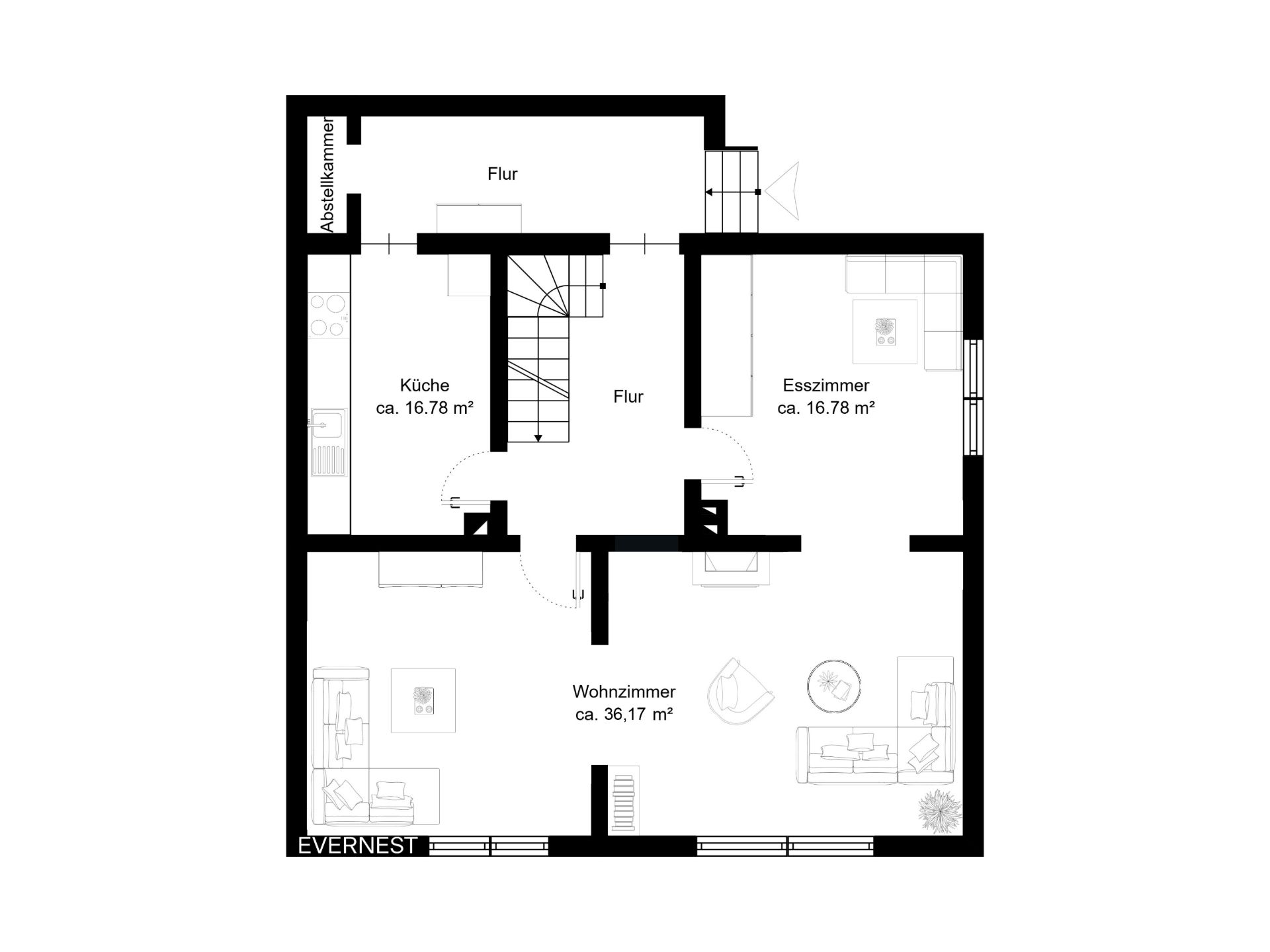 Grundriss einer Wohnung mit Küche, Esszimmer, Wohnzimmer, Flur und Abstellkammer.