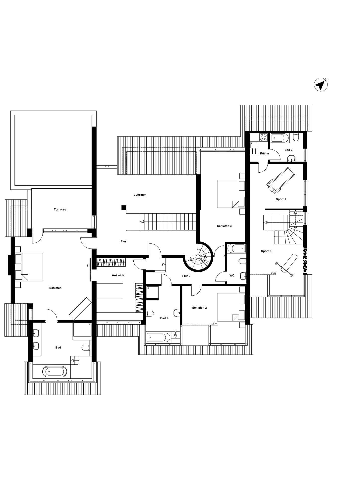Grundriss eines Wohnhauses mit Schlafzimmern, Bädern, Küche, Sport- und Wohnbereichen.