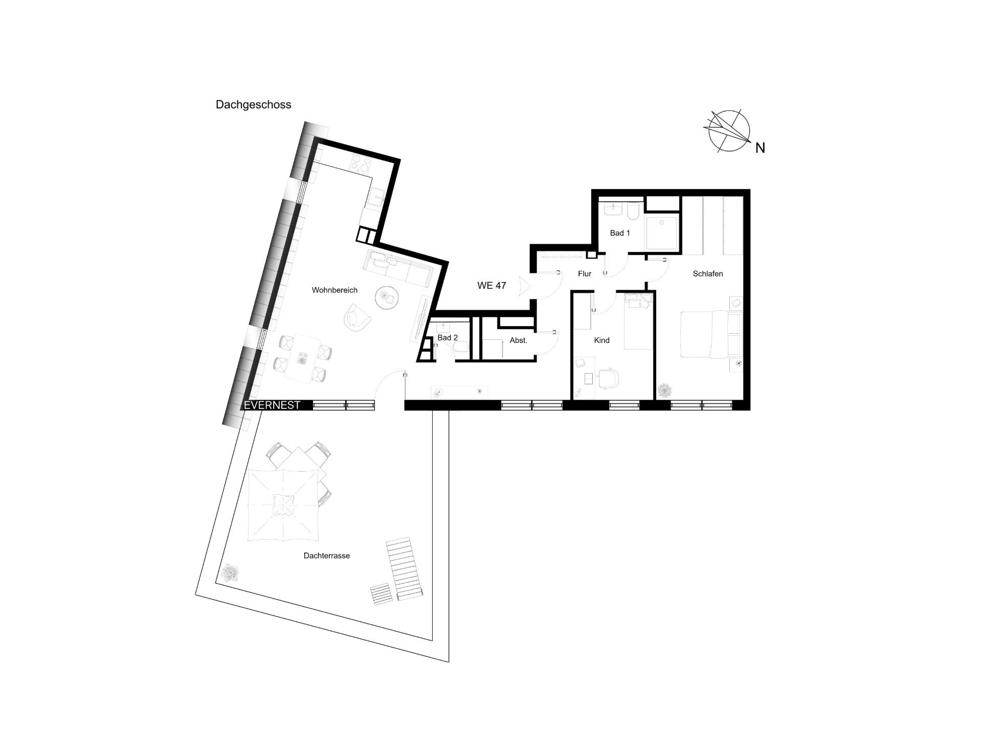 Grundriss einer Wohnung mit Wohnbereich, Schlafzimmer, Kinderzimmer, zwei Bädern und Dachterrasse.