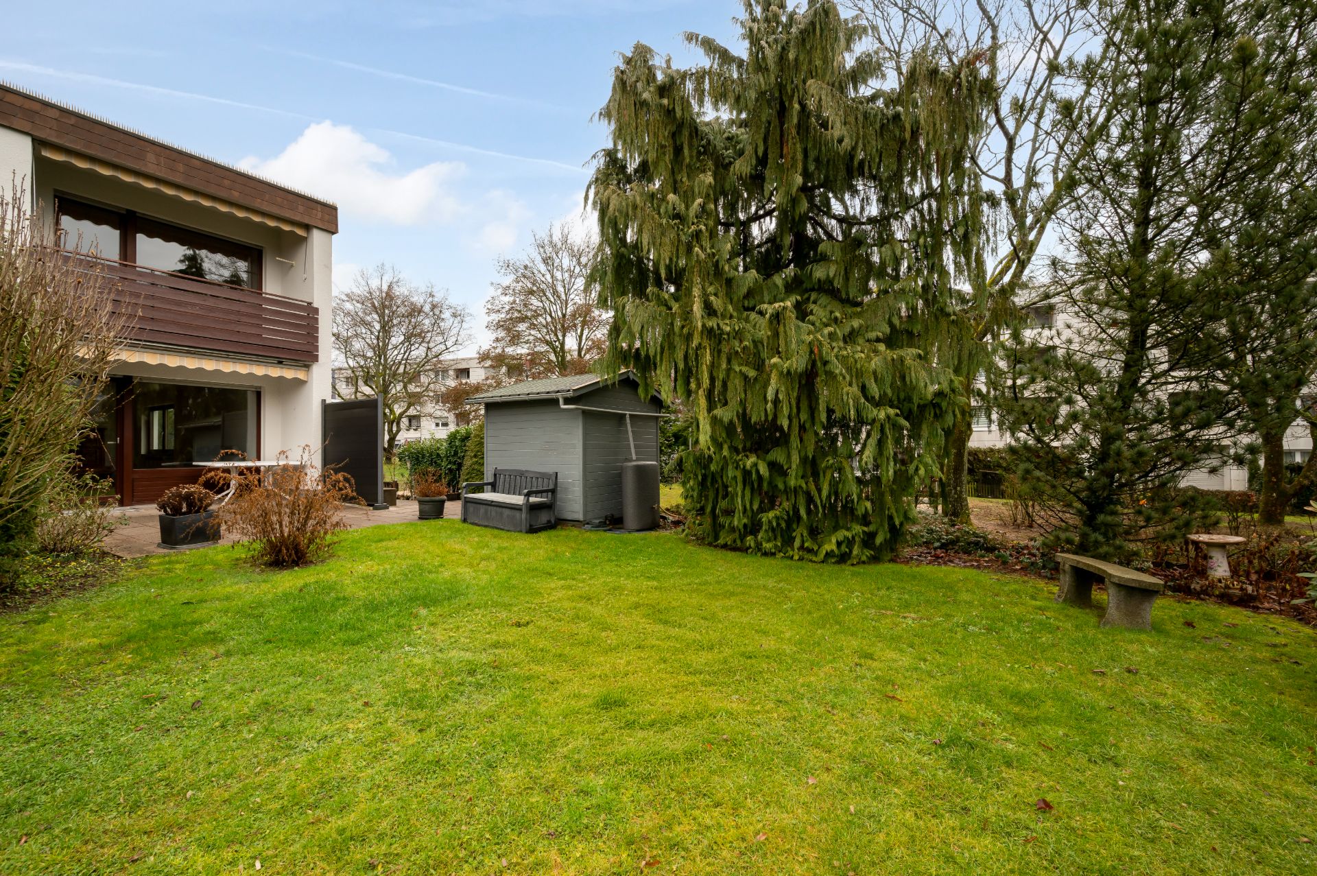 Garten mit Rasenfläche, großem Baum, Gartenschuppen, Terrasse und Sitzbank.