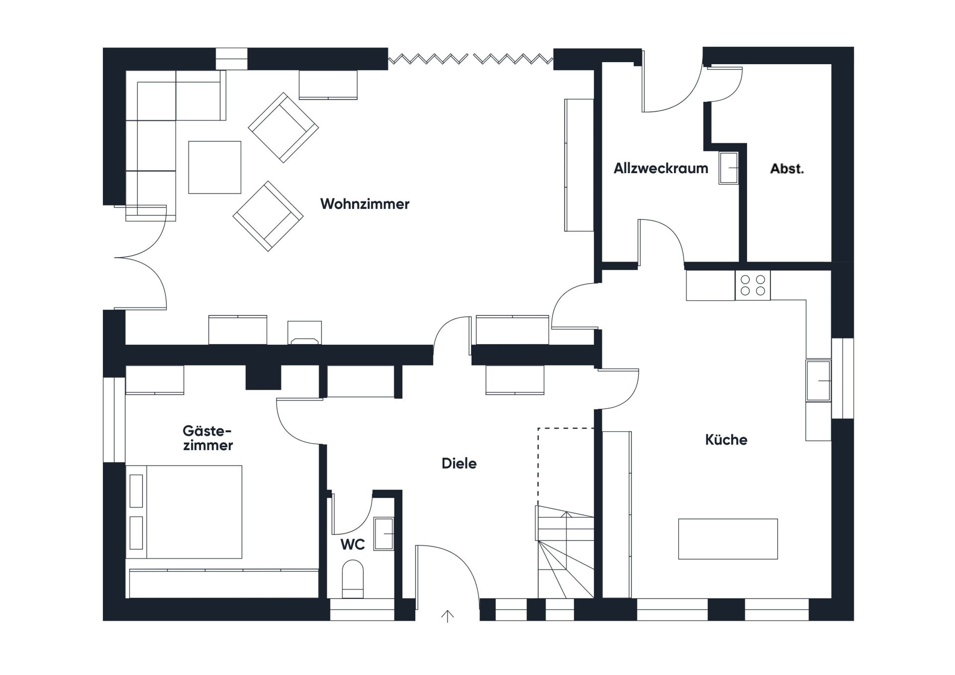 Grundriss mit Wohnzimmer, Gästezimmer, Küche, WC, Diele, Allzweckraum und Abstellraum.