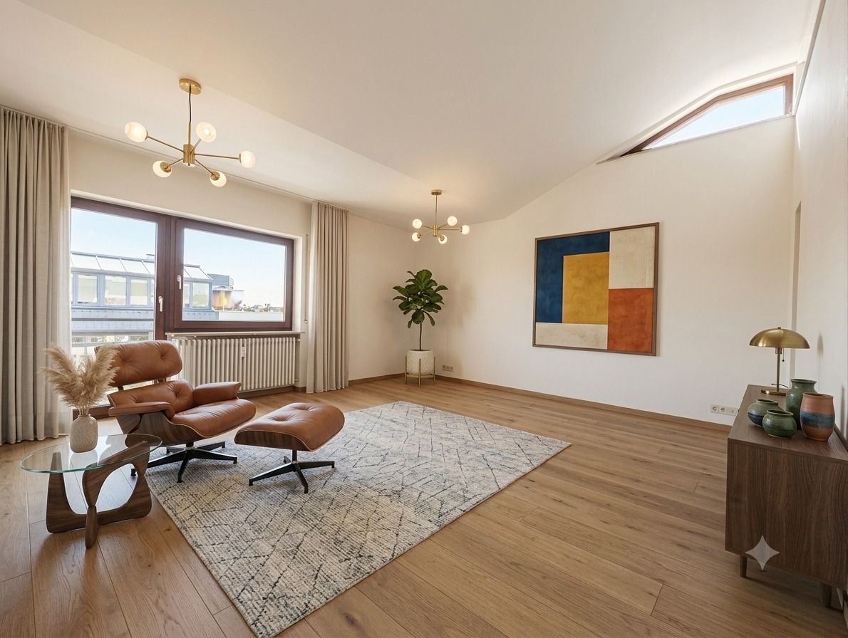 Helles Wohnzimmer mit Sessel, Teppich, Sideboard, großem Fenster und moderner Wandkunst.