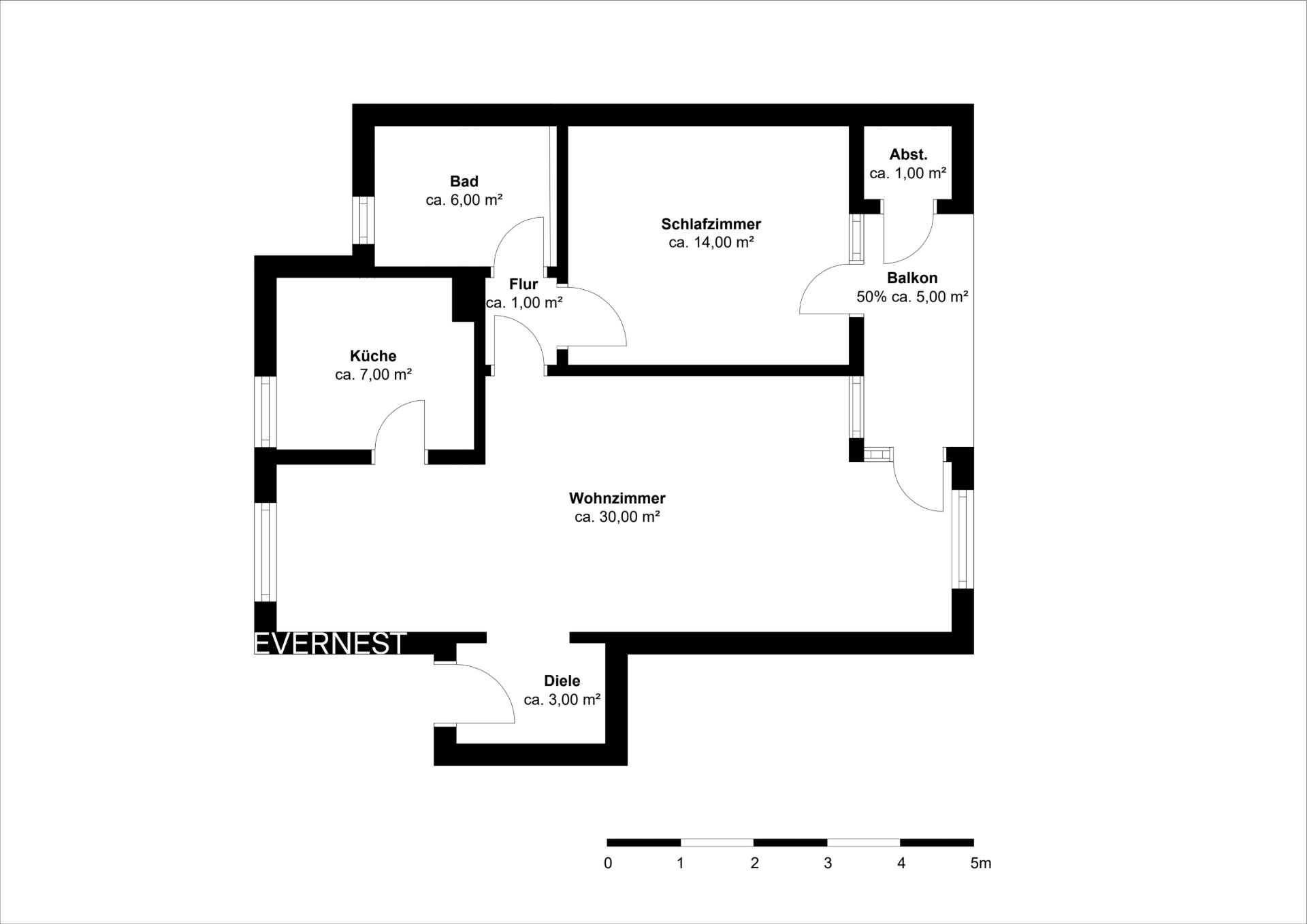 Grundriss einer Wohnung mit Wohnzimmer, Schlafzimmer, Küche, Bad, Flur, Diele, Abstellraum und Balkon.