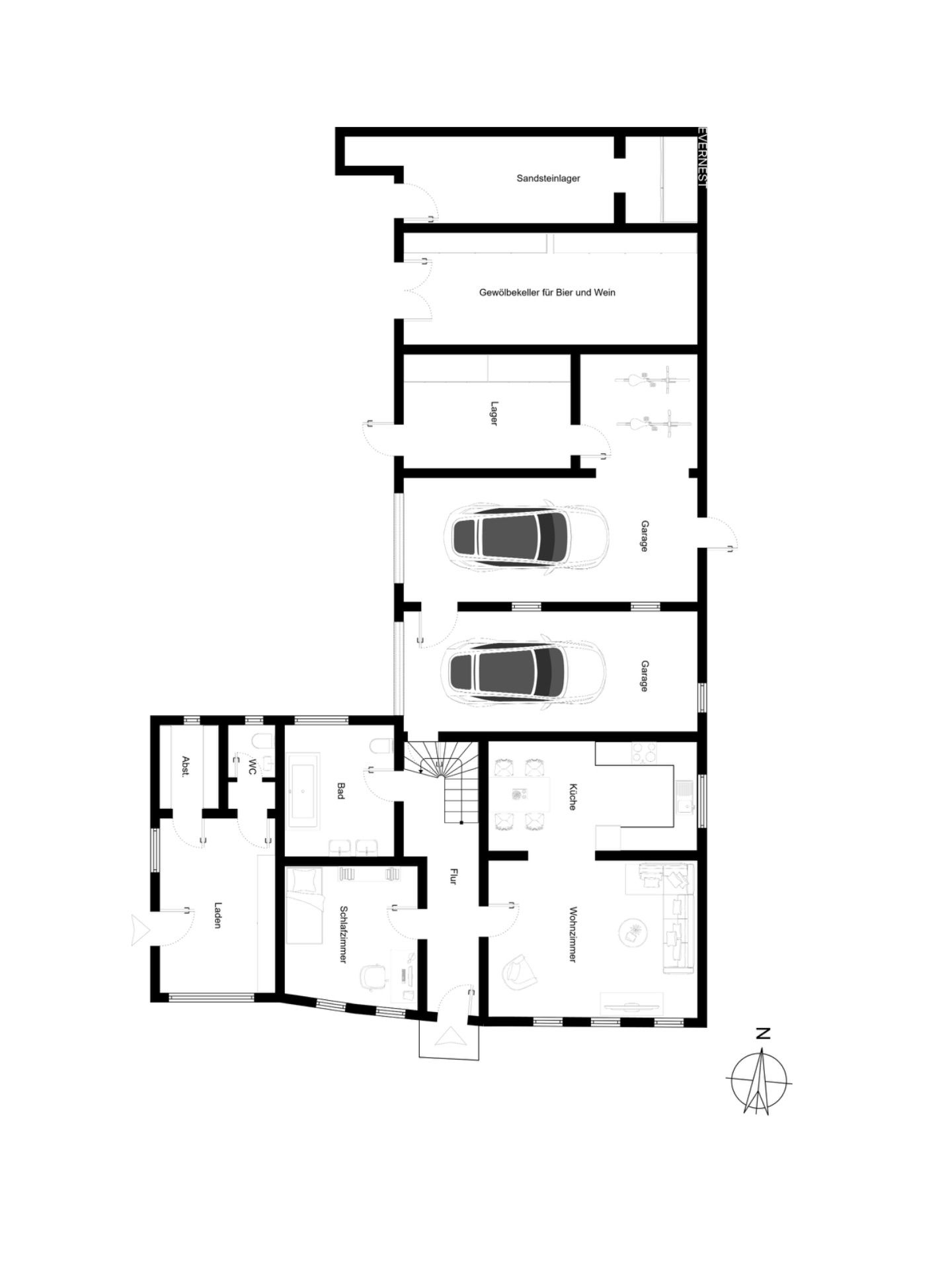 Grundriss eines Hauses mit Garage, Küche, Wohnzimmer, Schlafzimmer und weiteren Räumen.