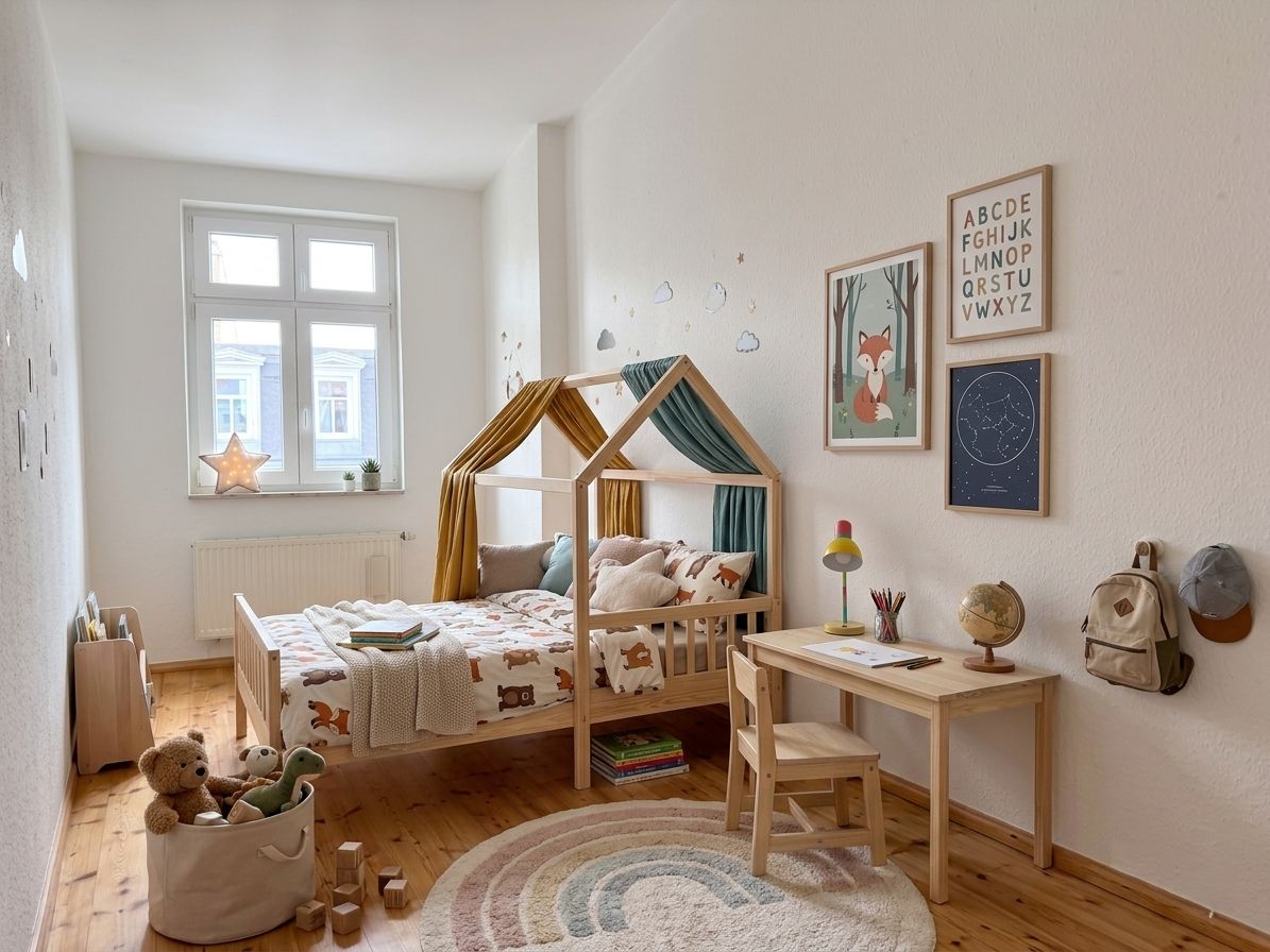 Helles Kinderzimmer mit Holzbett, Schreibtisch, Spielzeug und Wanddeko.