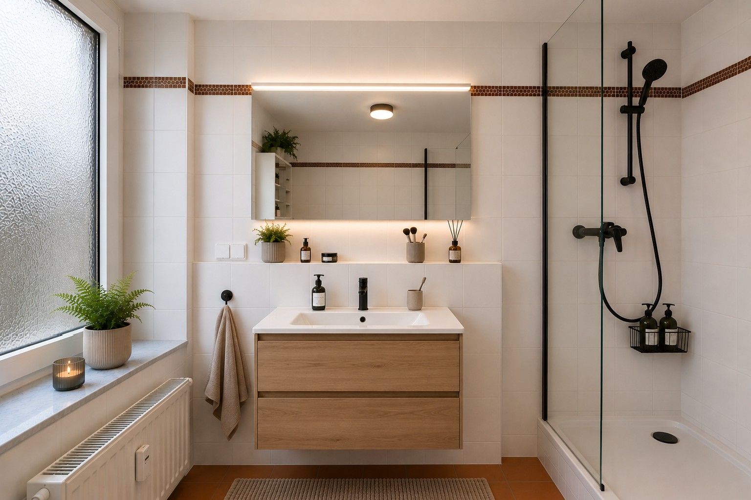Modernes Badezimmer mit Waschtisch, Spiegel, Dusche und Fensterbank mit Pflanze und Kerze.