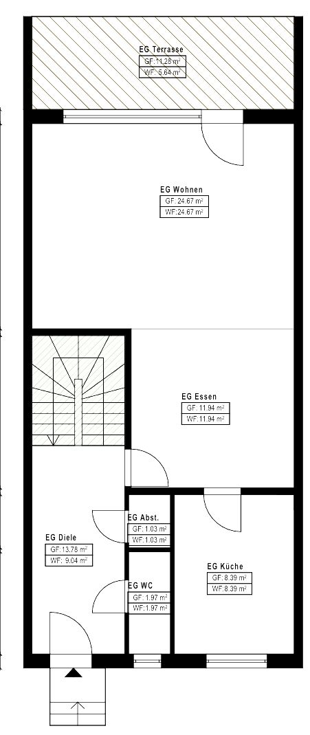 Grundriss einer Wohnung mit Terrasse, Wohnzimmer, Essbereich, Küche, Diele, WC und Abstellraum.