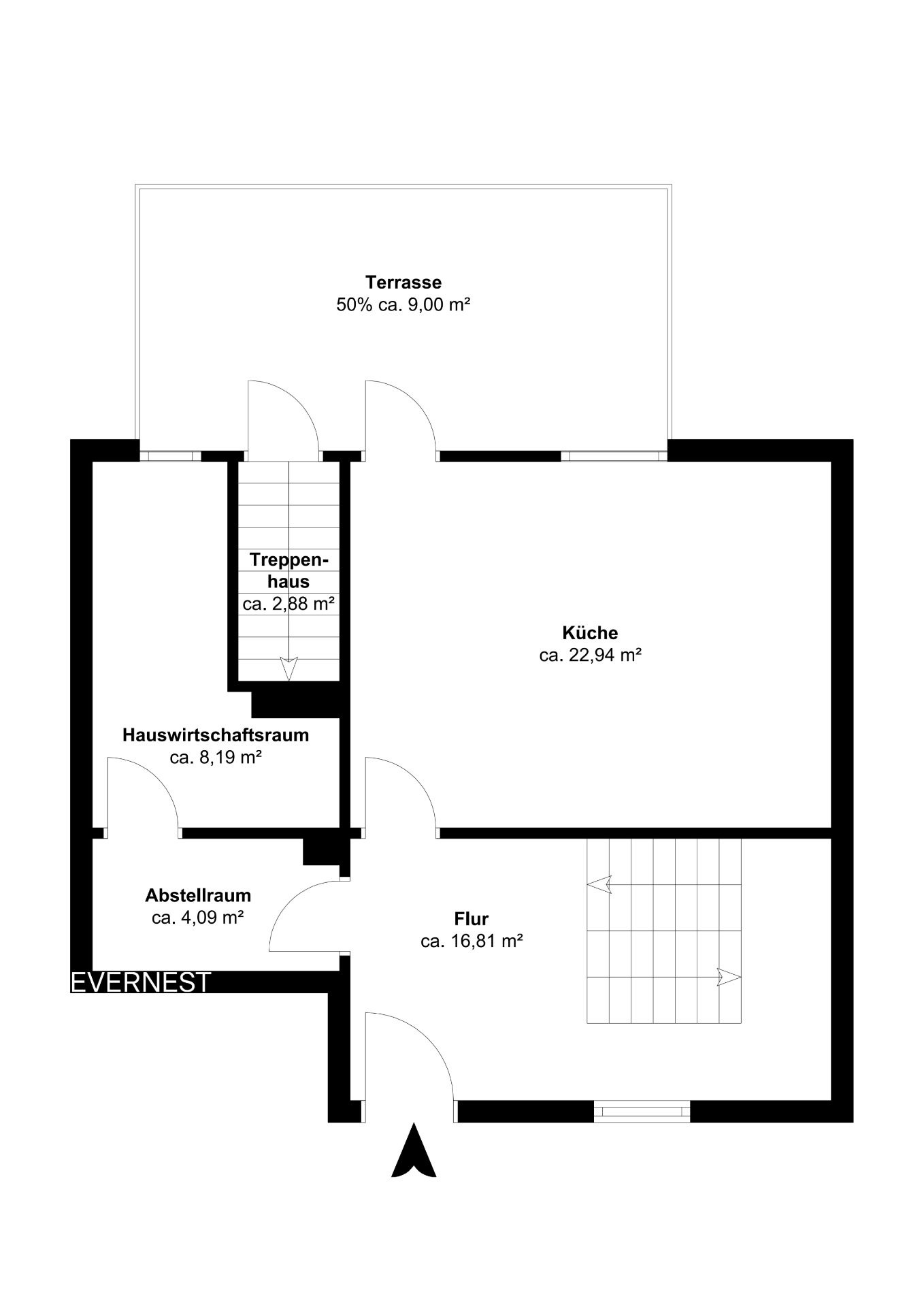 Grundriss mit Küche, Flur, Hauswirtschaftsraum, Abstellraum, Treppenhaus und Terrasse.