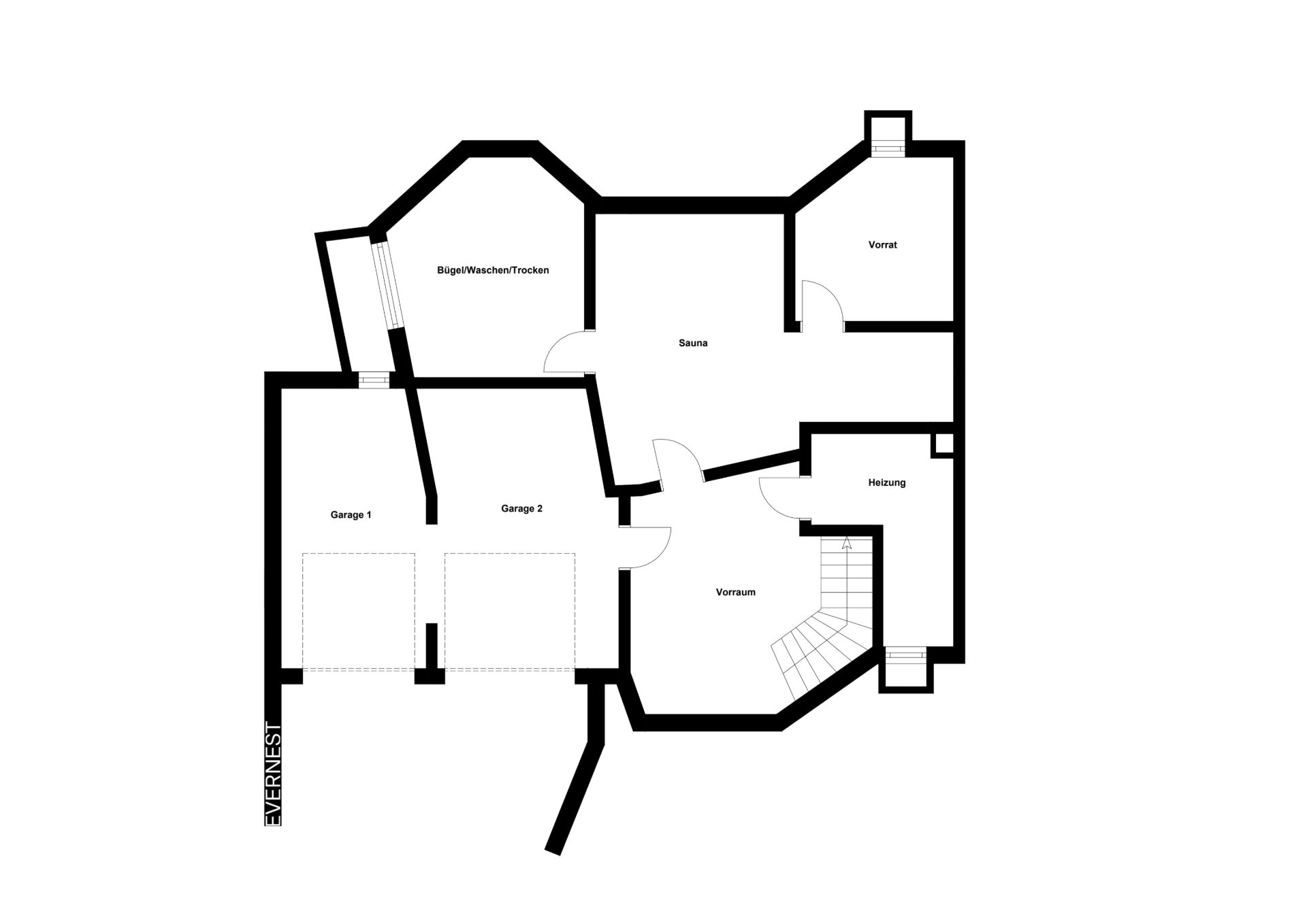 Grundriss mit Garagen, Vorraum, Sauna, Vorrat, Heizung und Raum für Bügeln/Waschen/Trocknen.