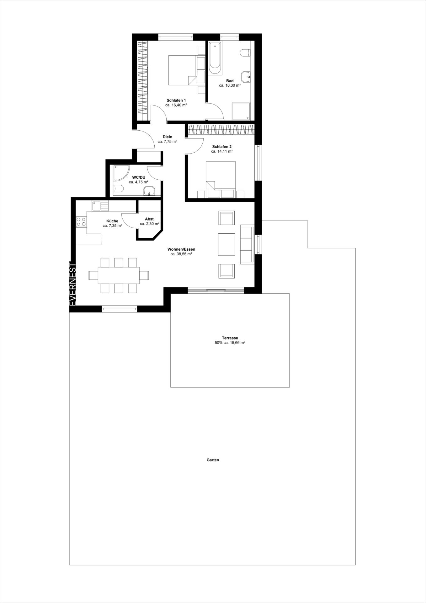 Grundriss einer Wohnung mit zwei Schlafzimmern, Bad, Küche, Wohnzimmer, Terrasse und Garten.