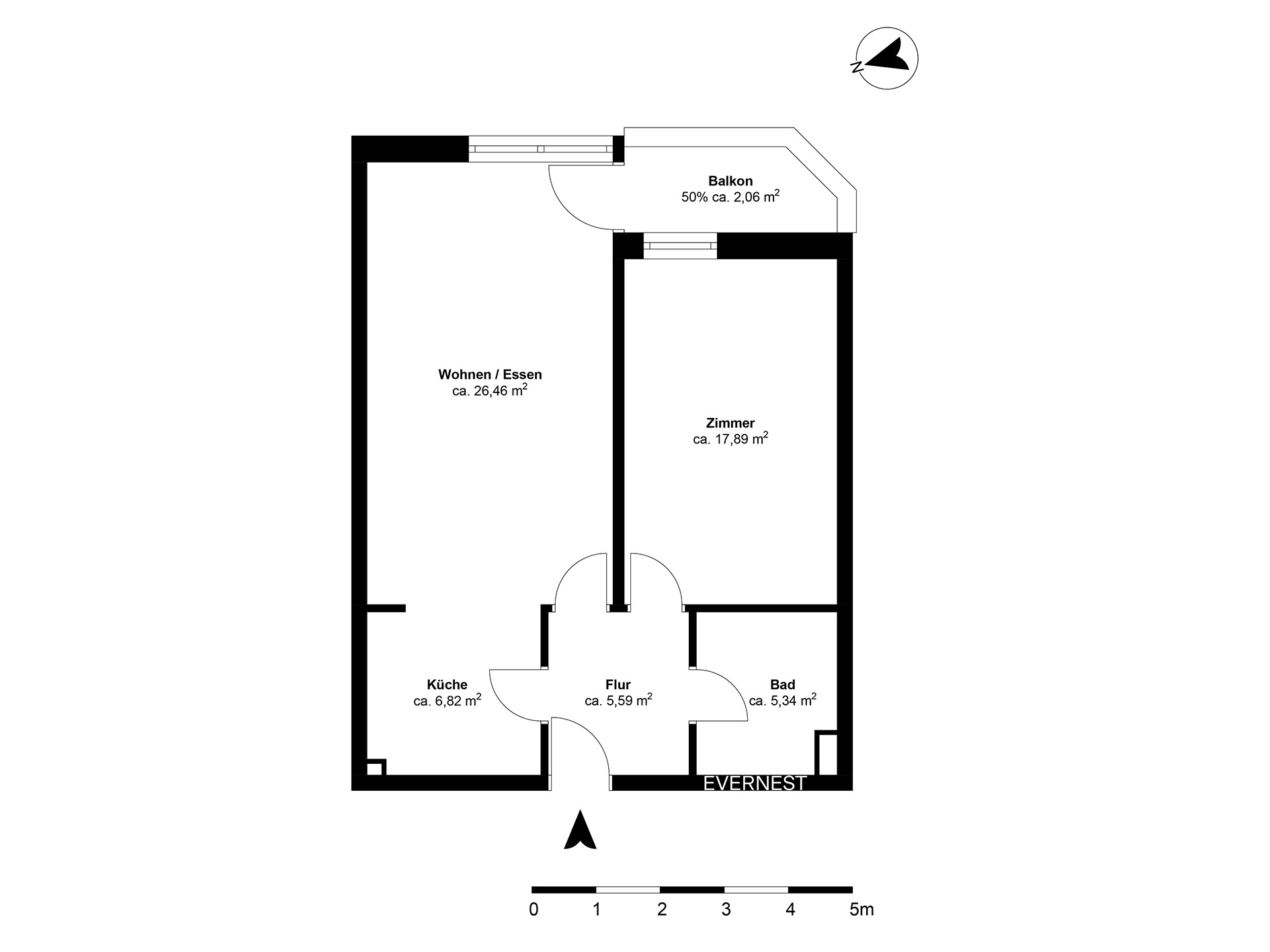 Grundriss einer Wohnung mit Wohnzimmer, Zimmer, Küche, Bad, Flur und Balkon.