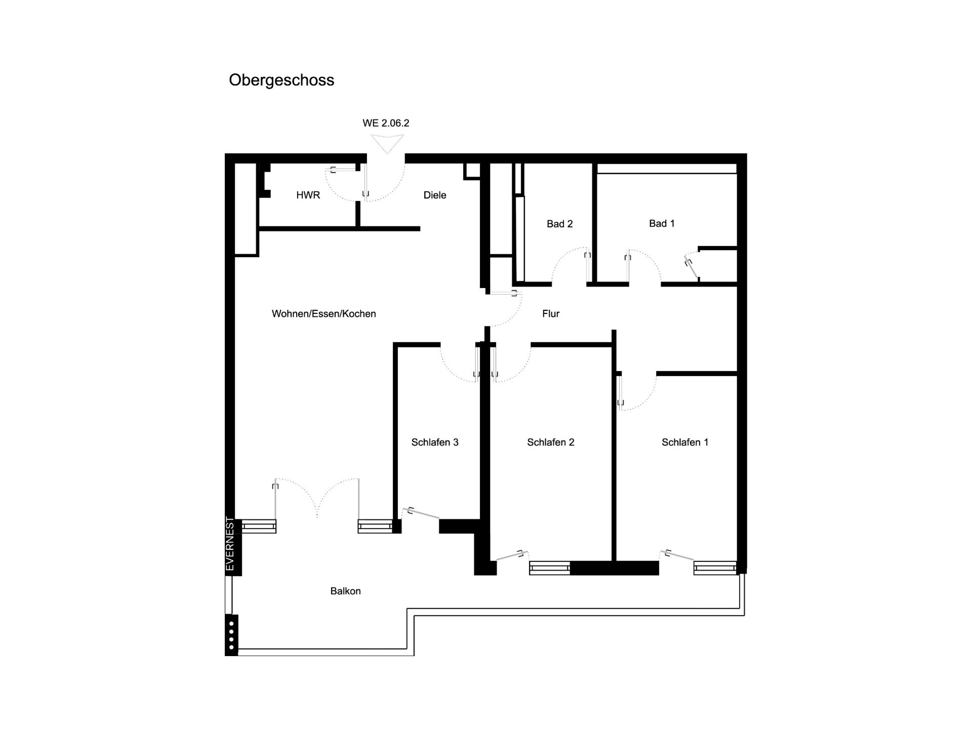 Grundriss einer Wohnung mit drei Schlafzimmern, zwei Bädern, Wohnbereich und Balkon.