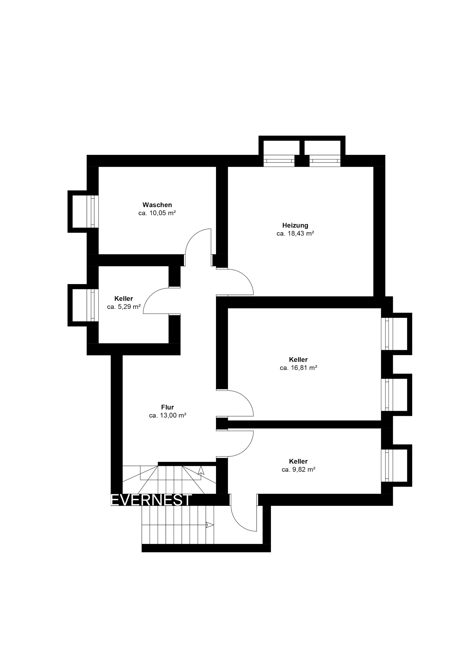 Grundriss eines Kellers mit Waschküche, Heizungsraum, Flur und mehreren Kellerräumen.