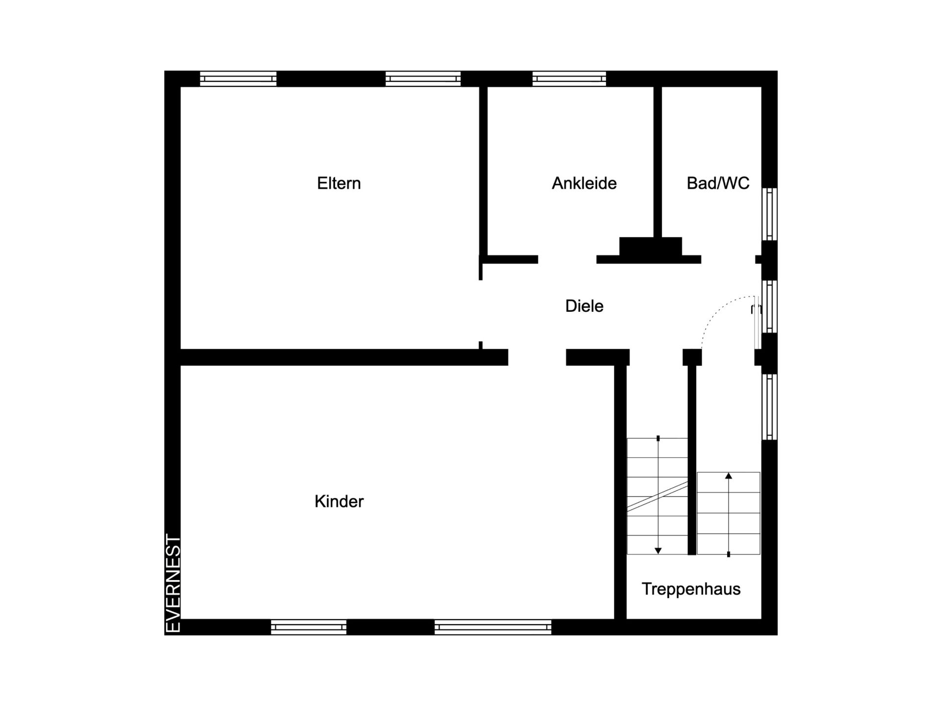 Grundriss mit Räumen Eltern, Kinder, Ankleide, Bad/WC, Diele und Treppenhaus.