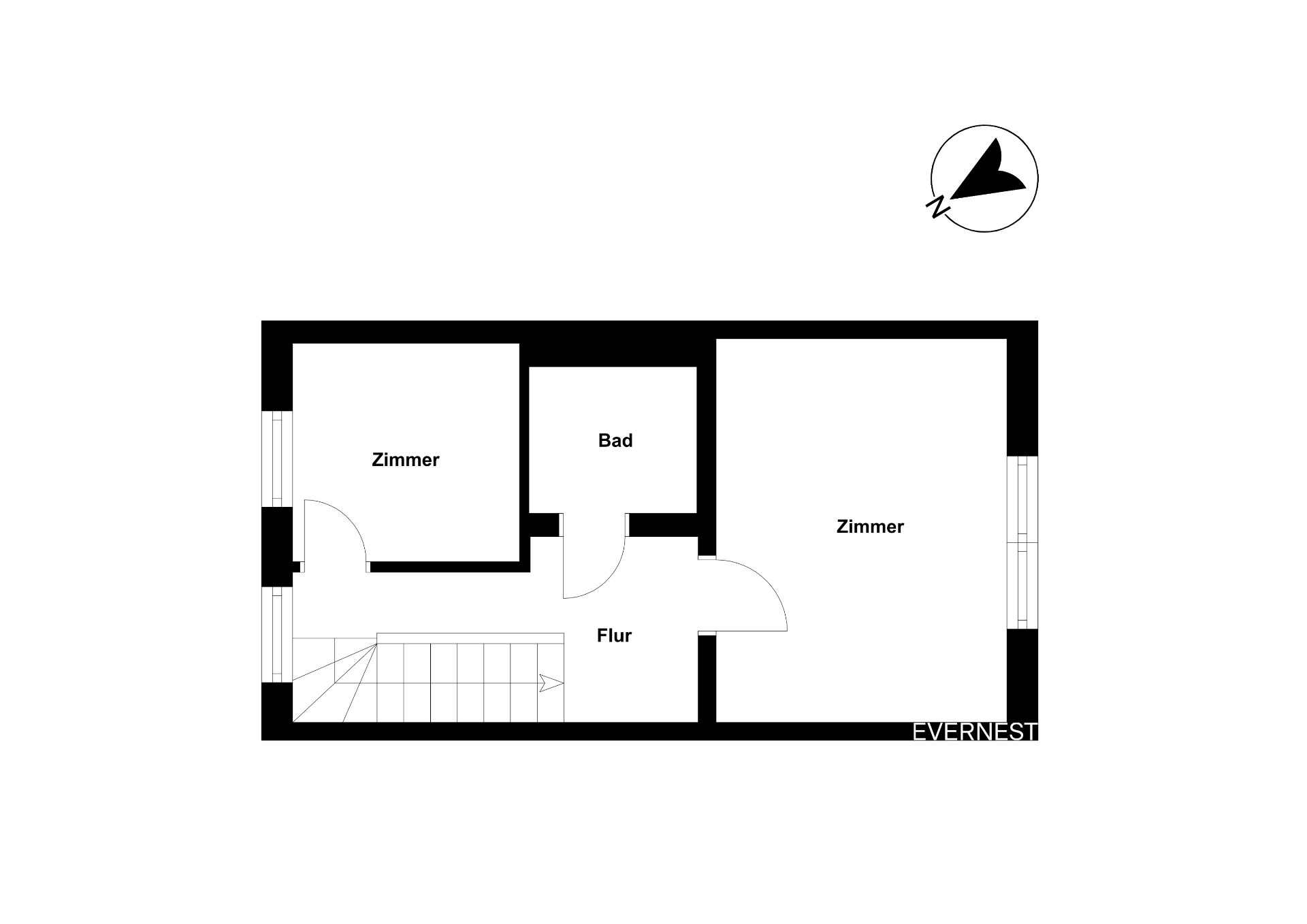 Grundriss mit zwei Zimmern, einem Bad und einem Flur, Treppe unten links.