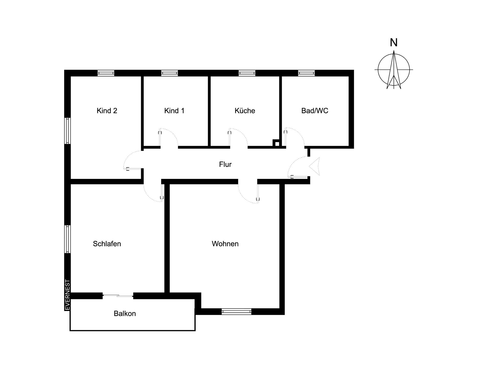 Grundriss einer Wohnung mit Schlaf-, Wohn- und zwei Kinderzimmern, Küche, Bad/WC und Balkon.