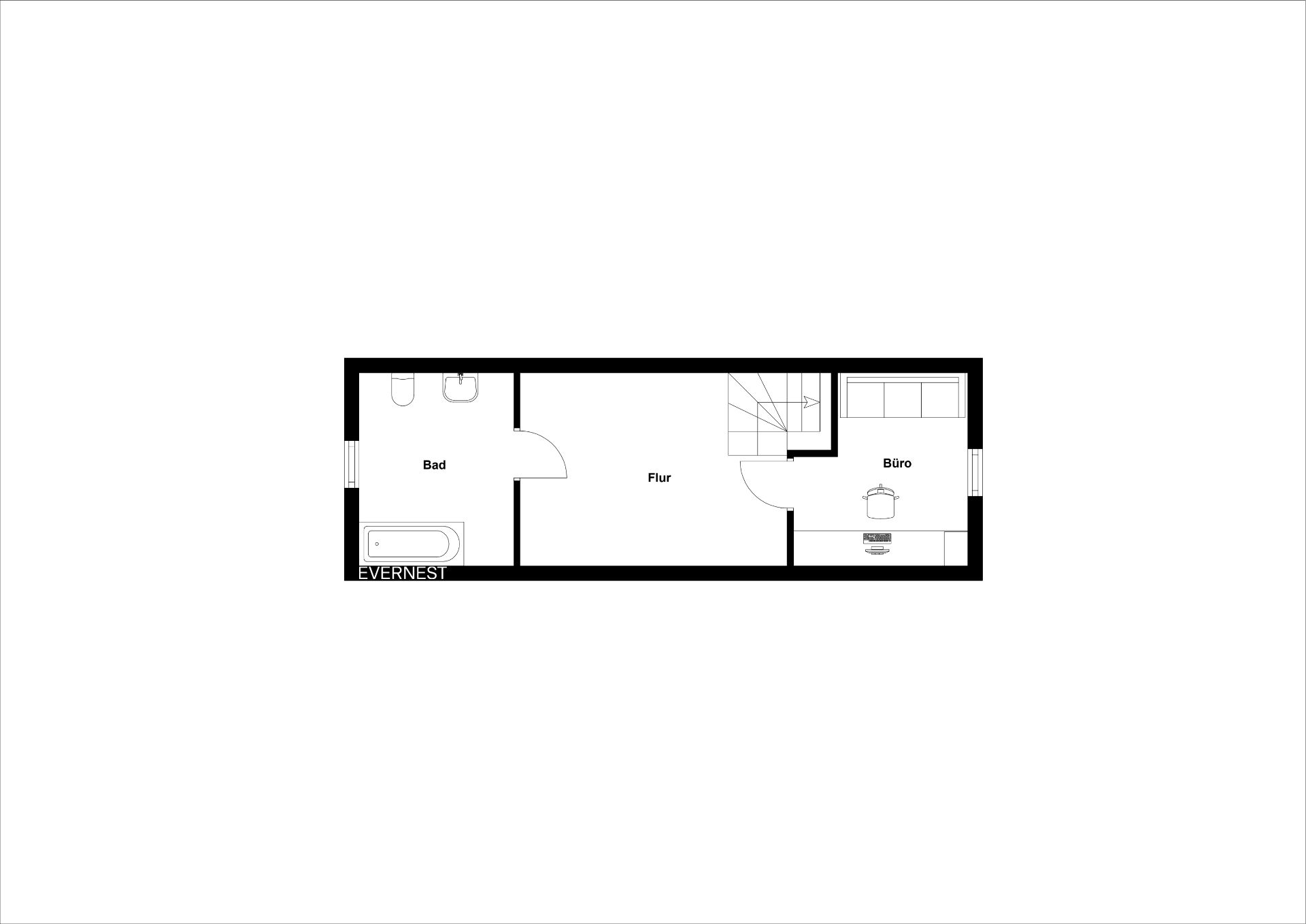 Grundriss mit Bad, Flur und Büro in rechteckigem Layout.