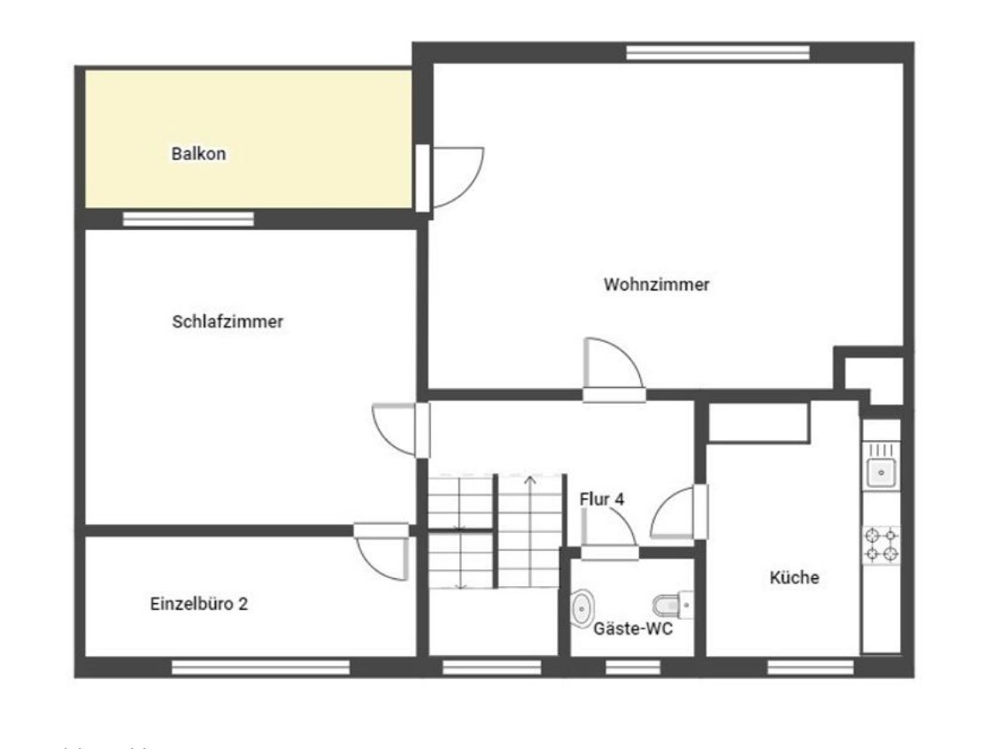 Grundriss mit Wohnzimmer, Schlafzimmer, Einzelbüro, Küche, Gäste-WC und Balkon.