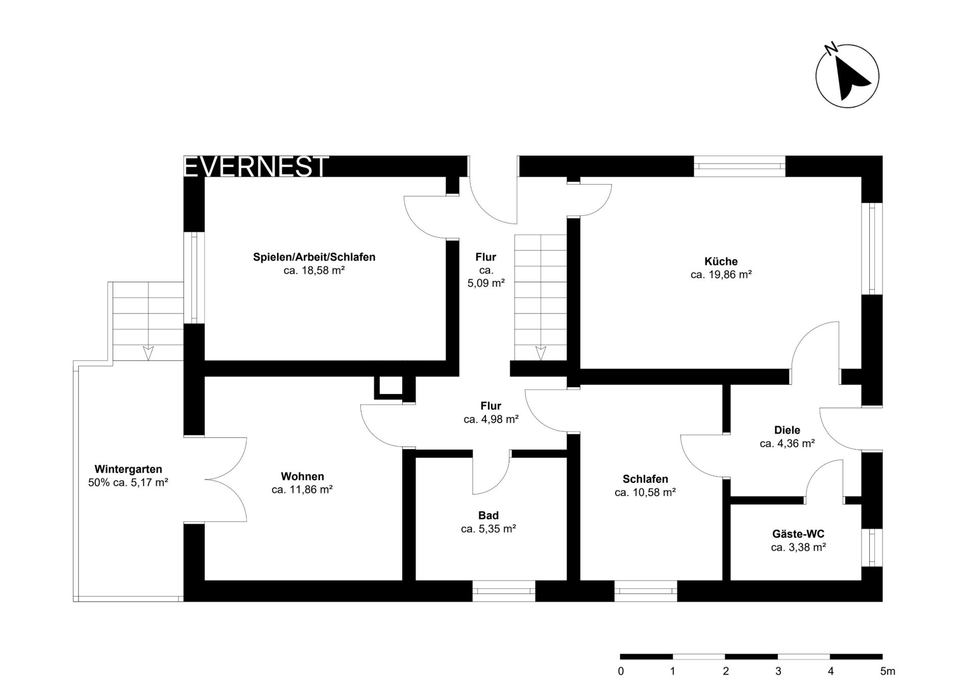 Grundriss einer Wohnung mit Wintergarten, Wohnzimmer, Küche, Schlafzimmer, Bad und Gäste-WC.