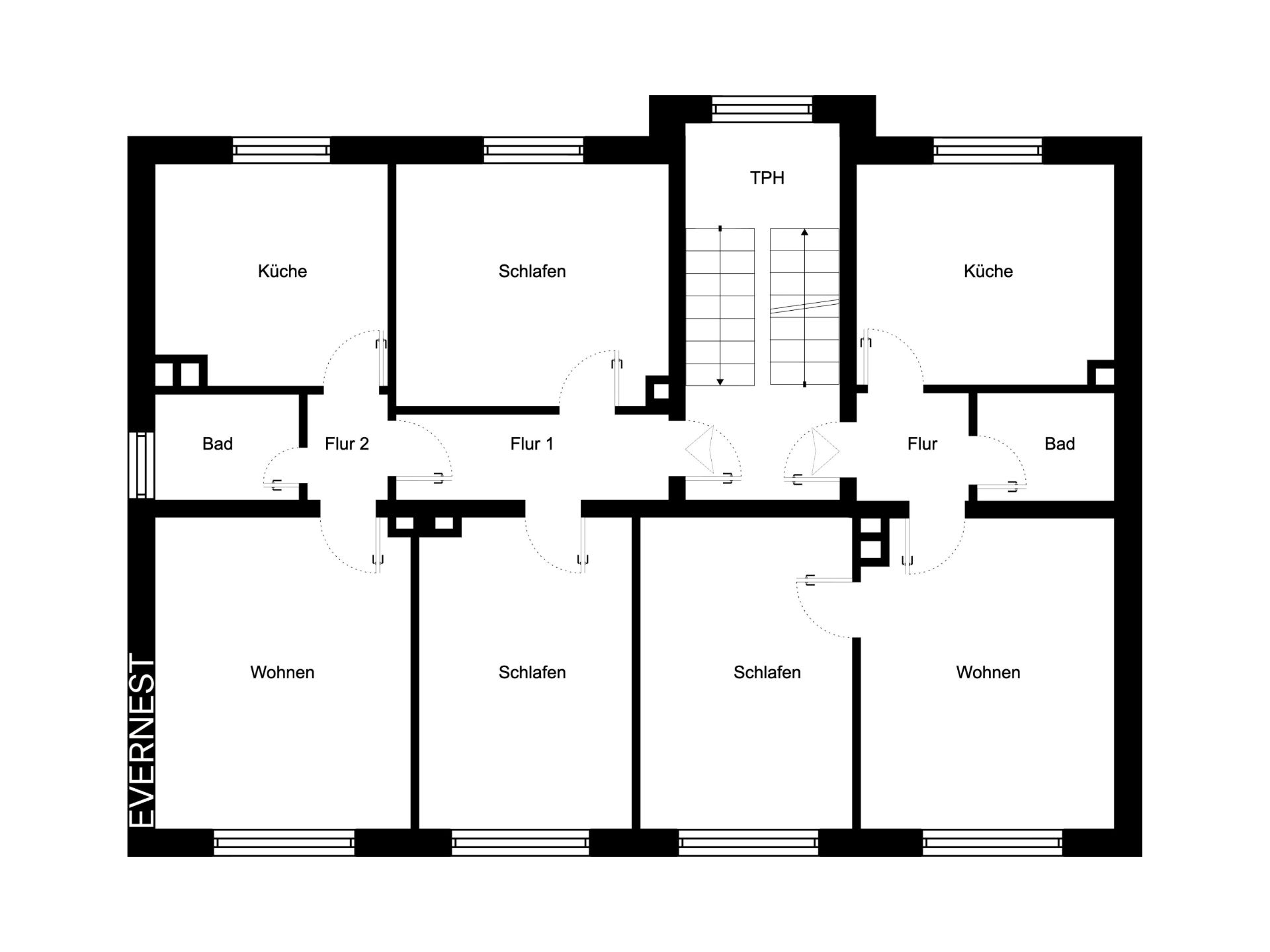 Grundriss mit mehreren Schlafzimmern, Küchen, Wohnzimmern, Bädern und Fluren.
