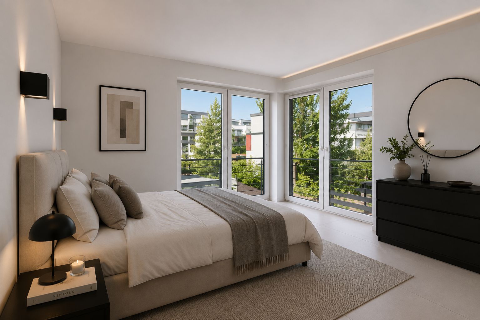 Modernes Schlafzimmer mit großem Bett, Nachttisch, Kommode und großen Fenstern mit Blick ins Grüne.