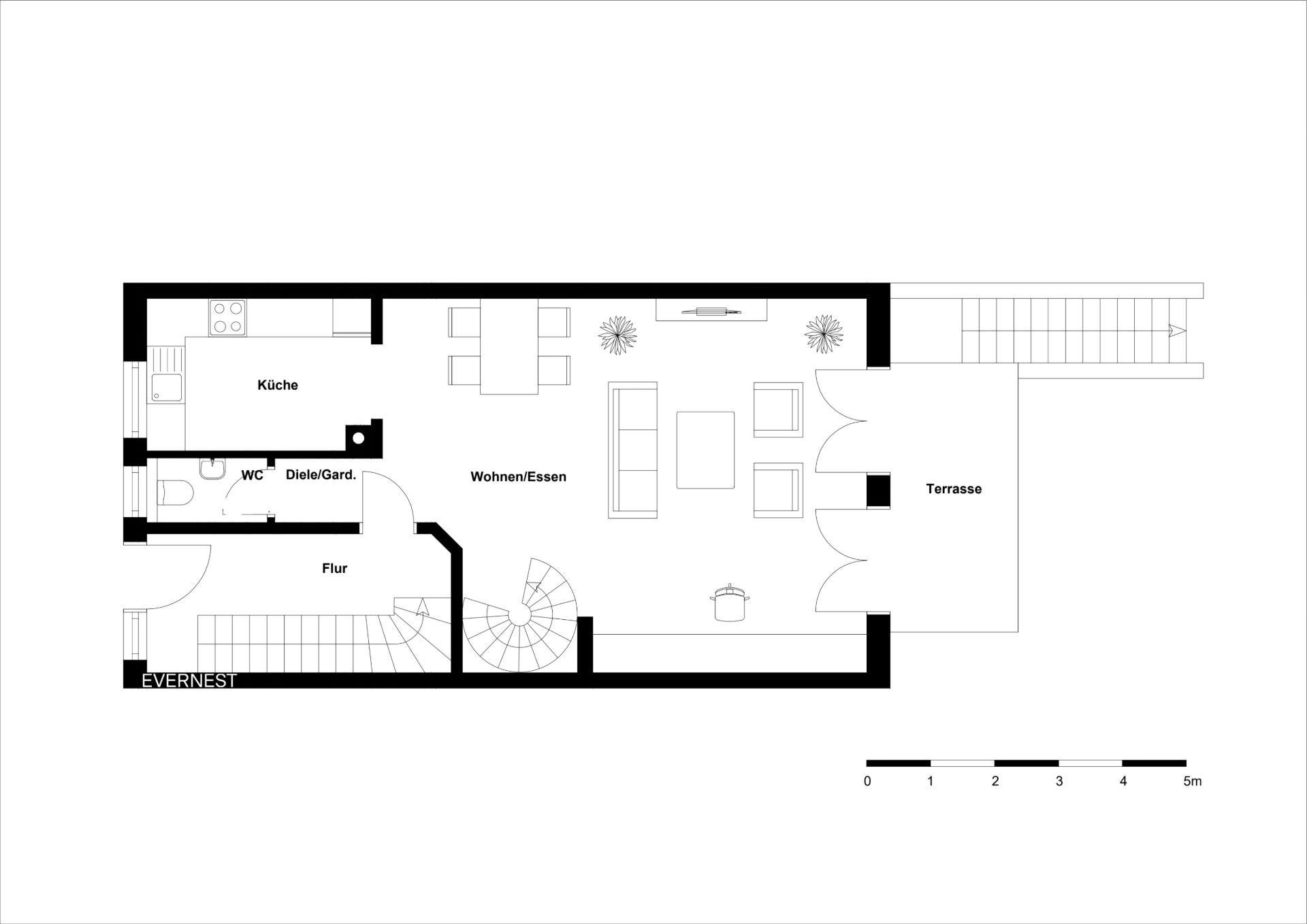 Grundriss einer Wohnung mit Küche, WC, Flur, Wohn- und Essbereich sowie Terrasse.