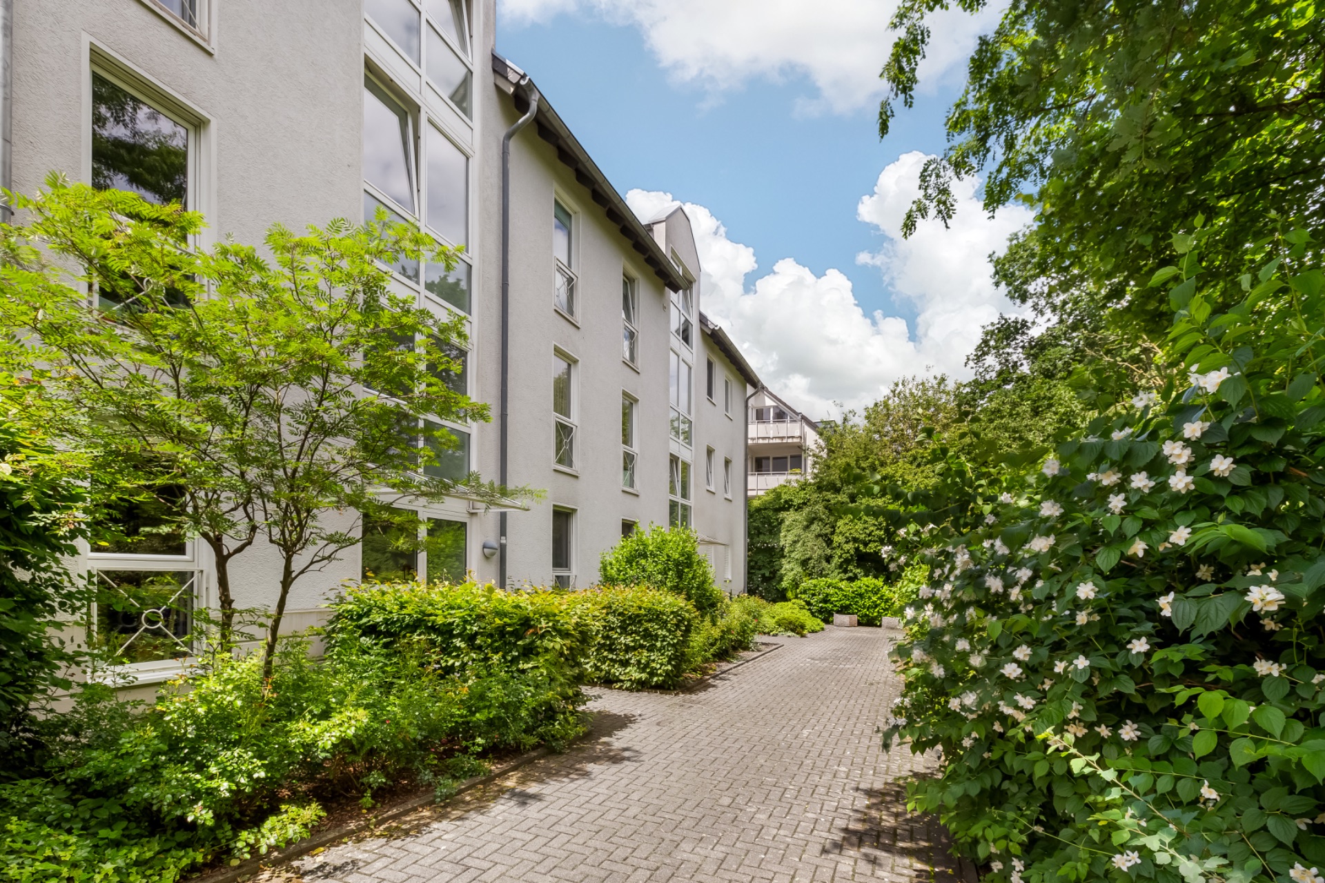 Gepflasterter Weg neben einem Wohnhaus mit vielen grünen Büschen und Bäumen.