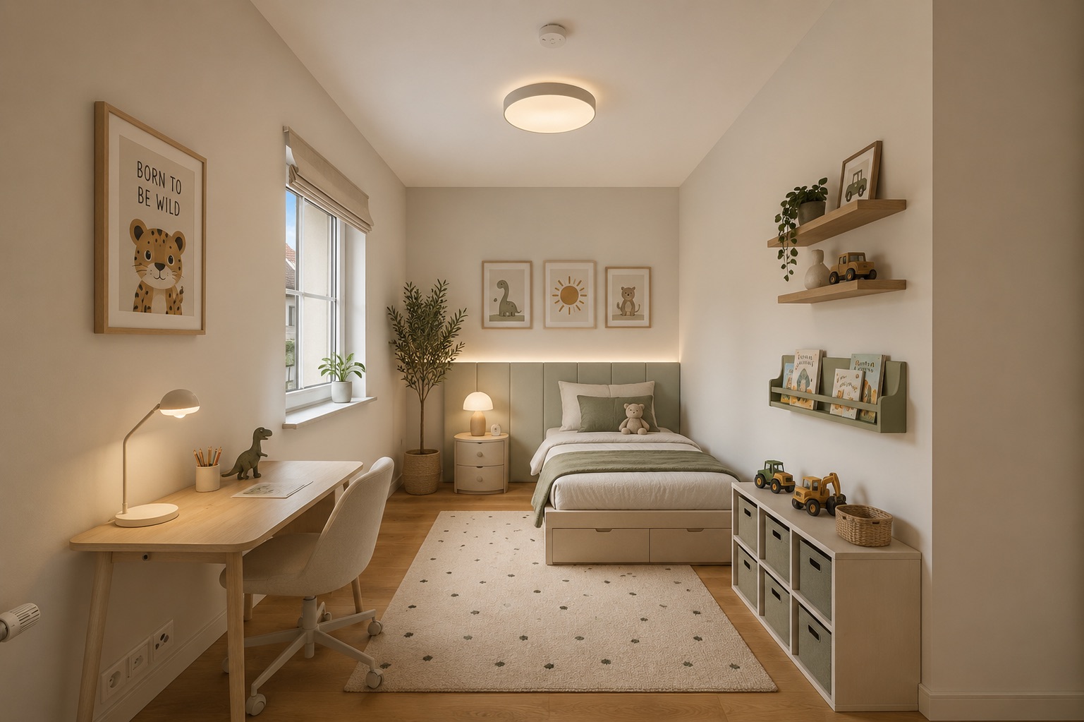 Helles Kinderzimmer mit Bett, Schreibtisch, Regal und Spielzeug auf Holzboden.
