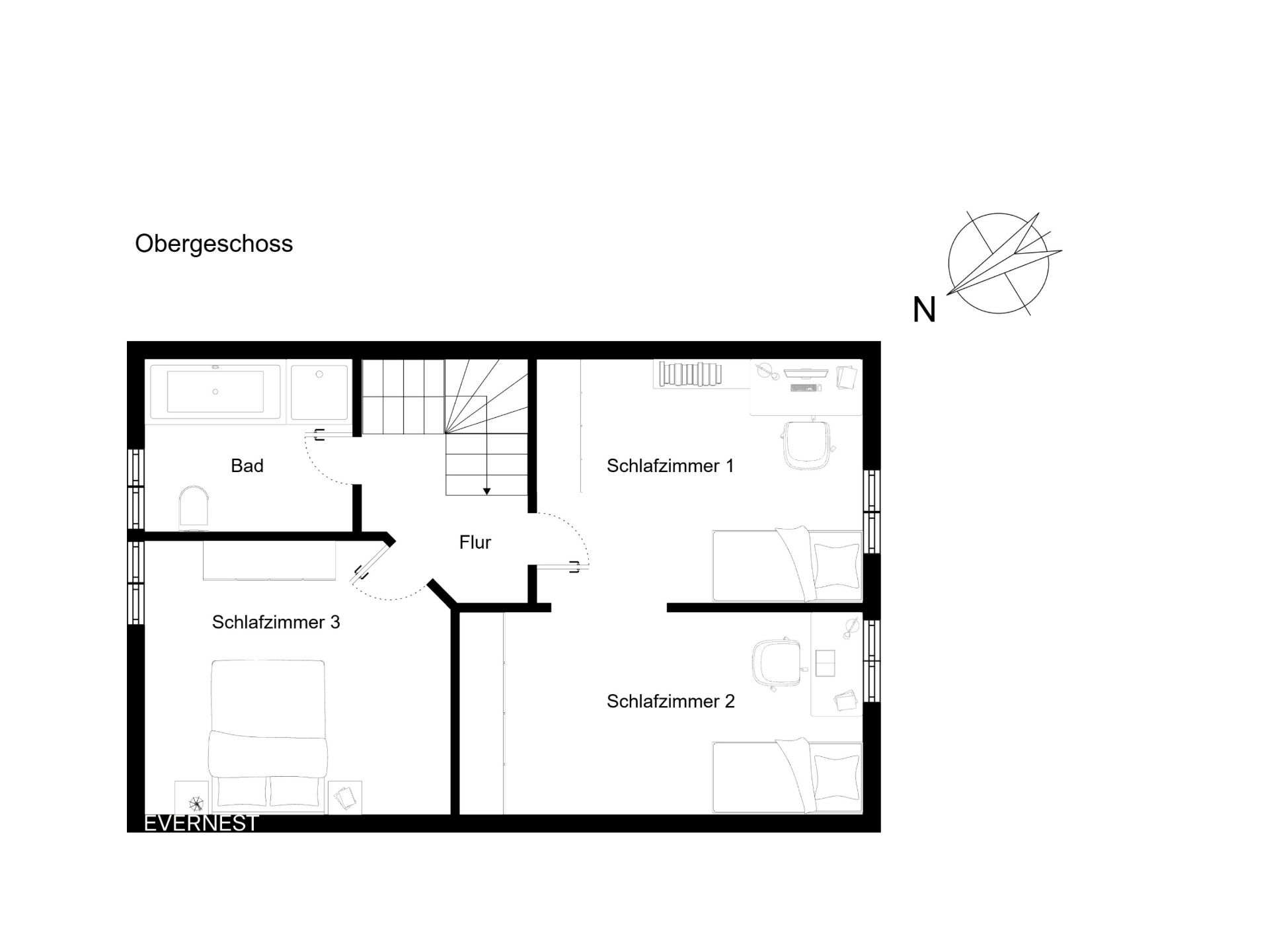 Grundriss des Obergeschosses mit drei Schlafzimmern, Bad und Flur.