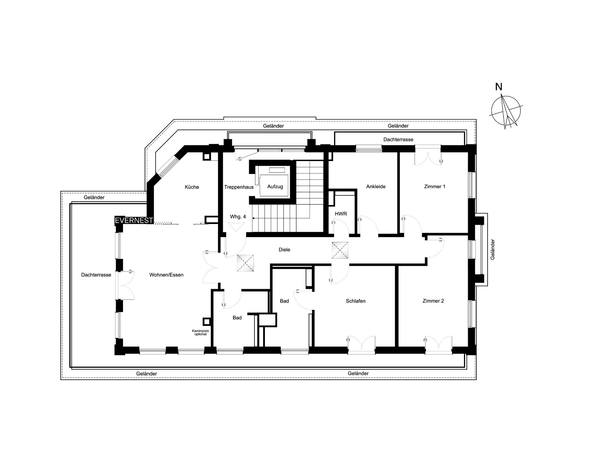 Grundriss einer Wohnung mit Wohnzimmer, zwei Schlafzimmern, Küche, Bädern und Dachterrassen.