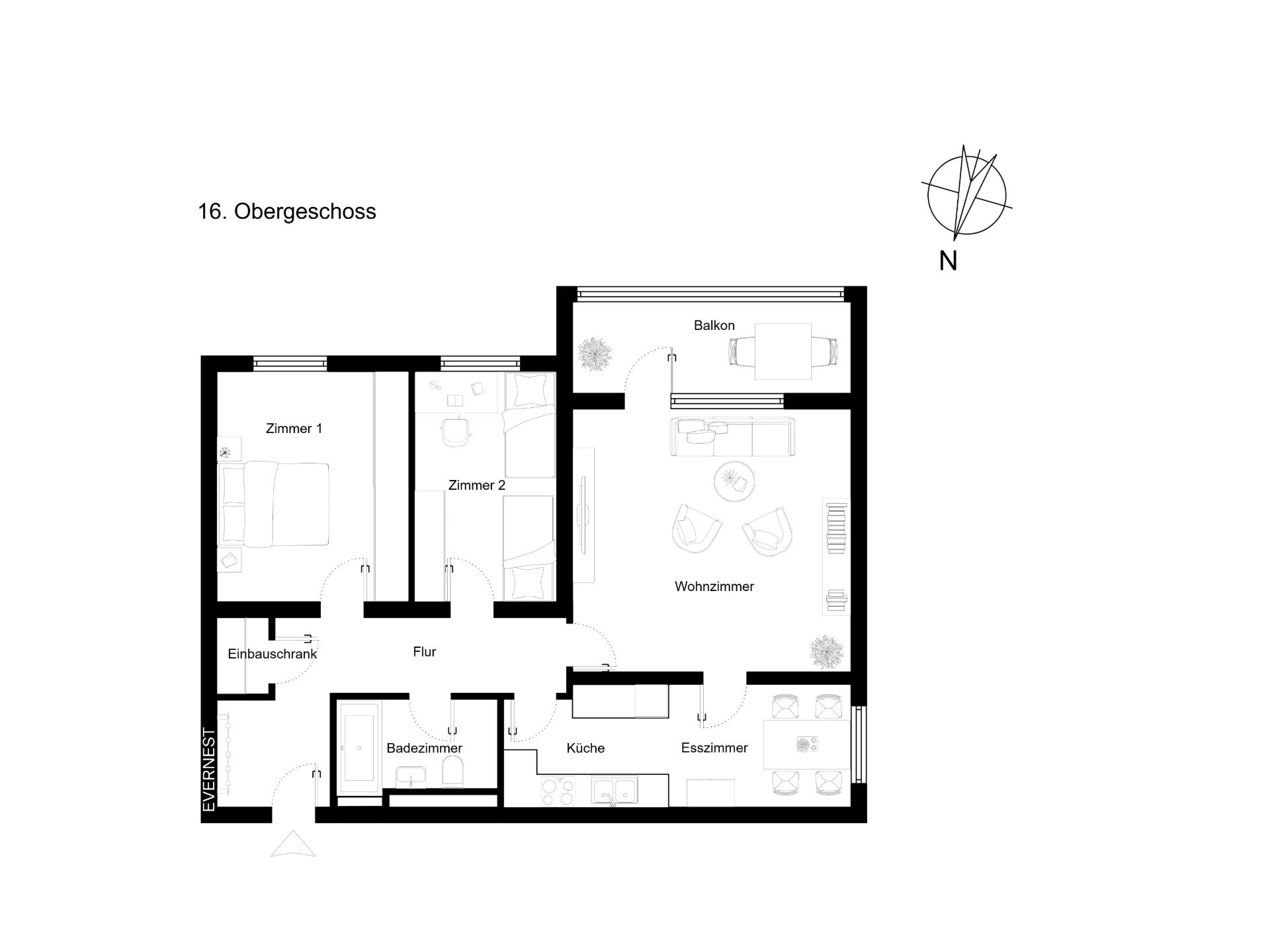 Grundriss einer Wohnung mit zwei Zimmern, Wohnzimmer, Küche, Bad, Esszimmer und Balkon.